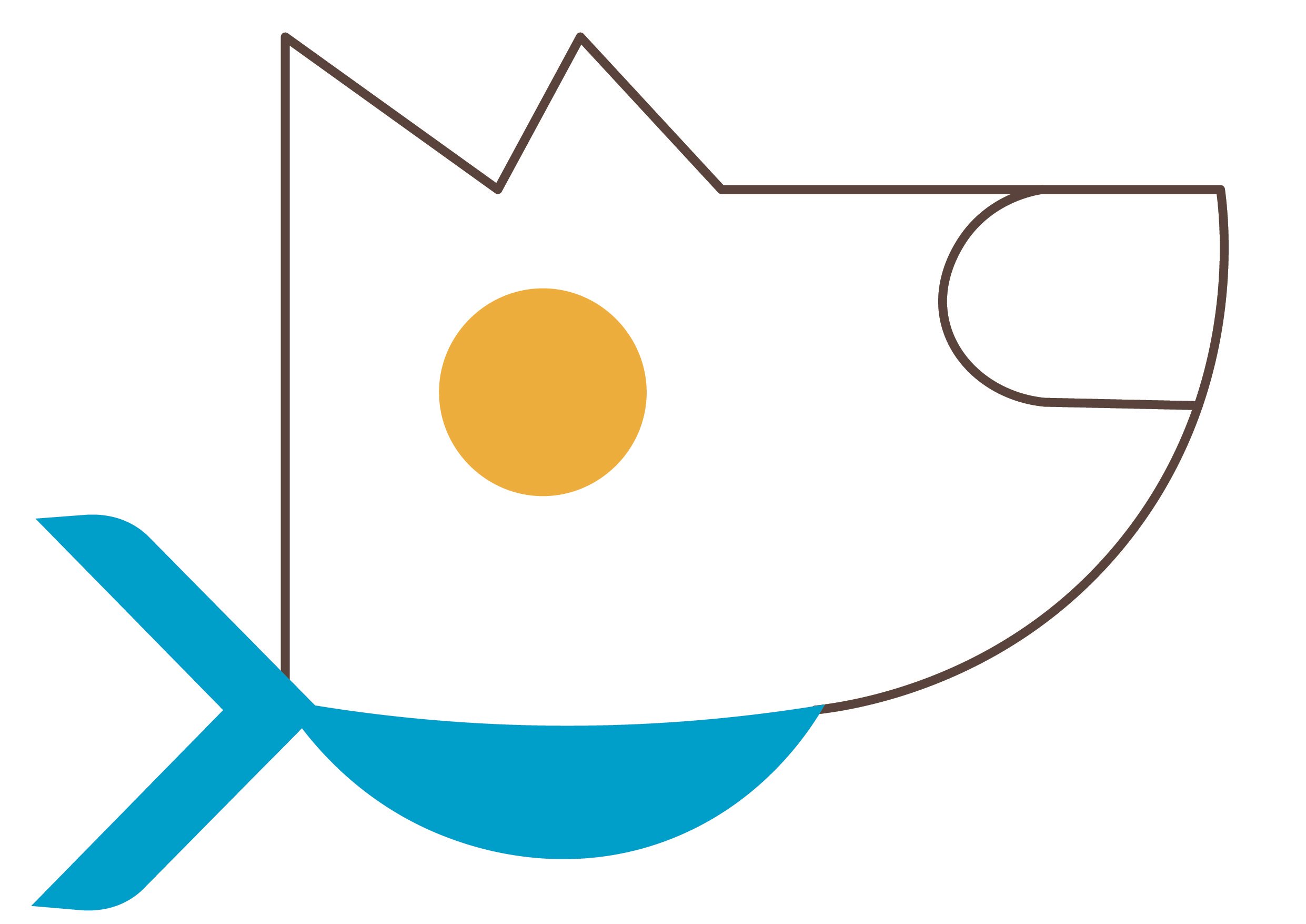 A minimalist graphic illustration of a fish with geometric shapes and bold colors, featuring a yellow circle eye, blue tail, and dark outlines.