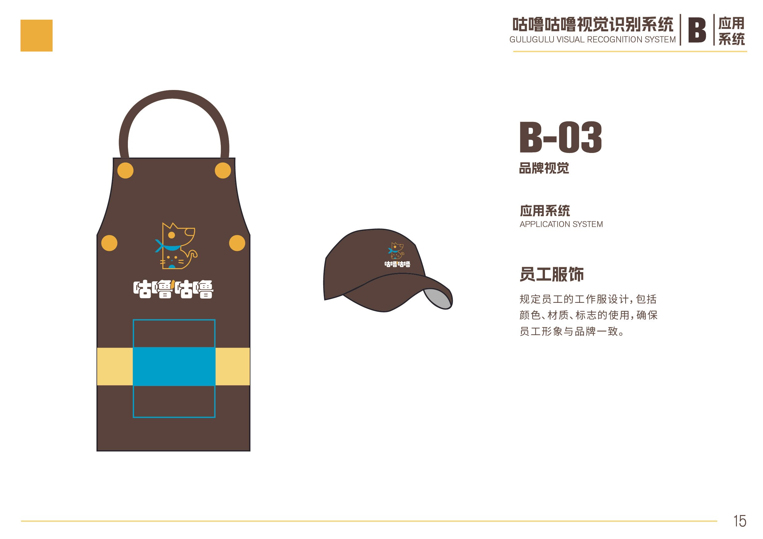 Designs for employee uniform including a brown apron with a cartoon mouse logo and a cap with the same logo, featuring Chinese and English text about visual recognition system application.