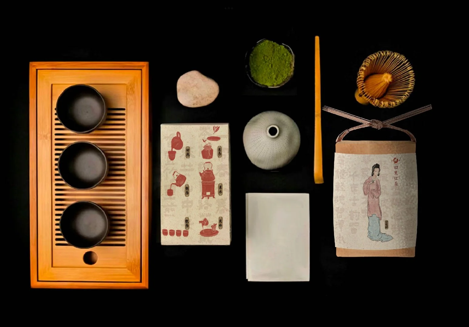 Collection of traditional Japanese tea ceremony items including a wooden tea tray, black tea cups, a rock, matcha powder, a bamboo spoon, a ceramic water vessel, a metal teapot illustration, a white envelope, and a tea package with Japanese artwork, all arranged on a black surface.