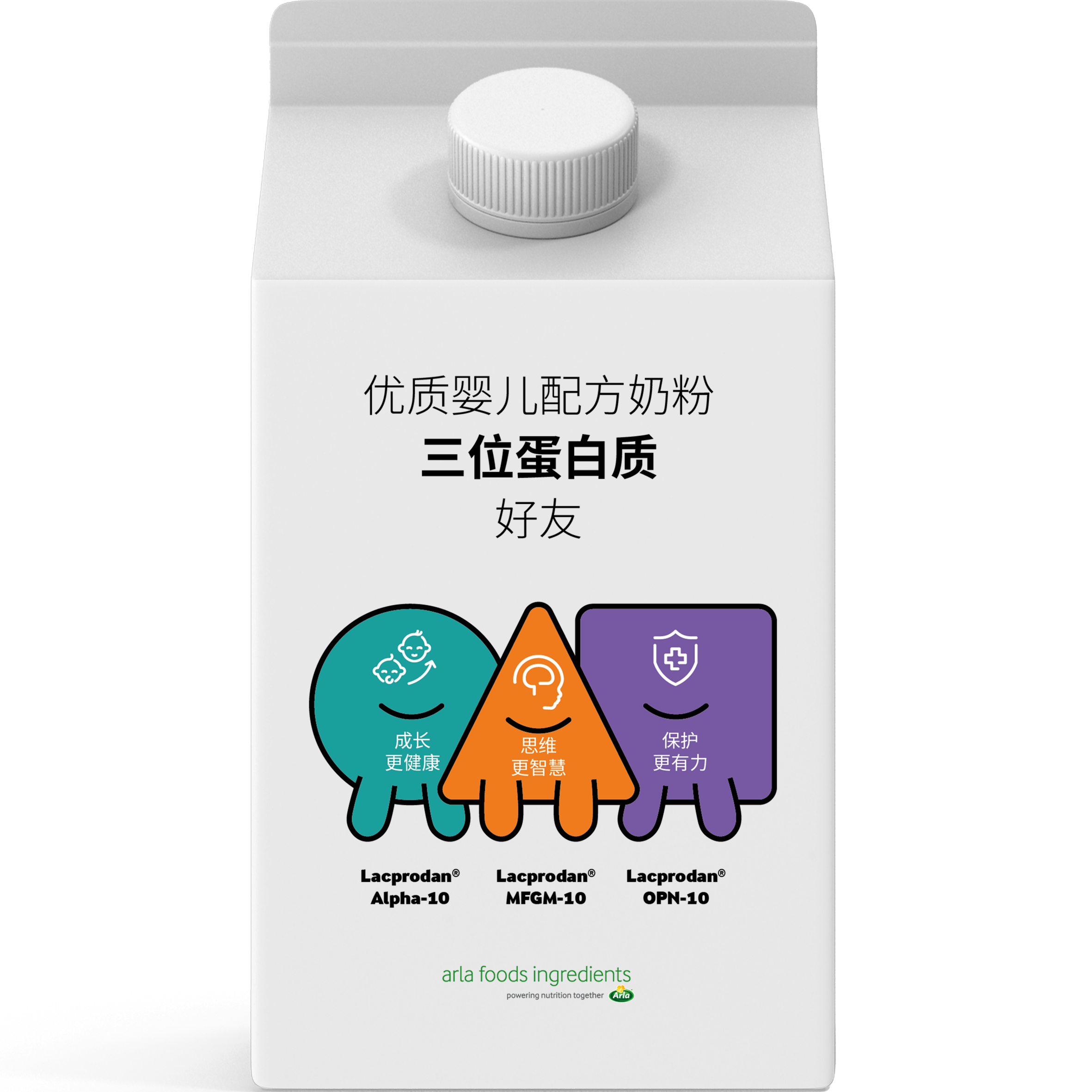 A white carton of infant formula with Chinese text and colorful cartoon icons representing growth, intelligence, and protection, labeled with ingredients from Arla Foods.