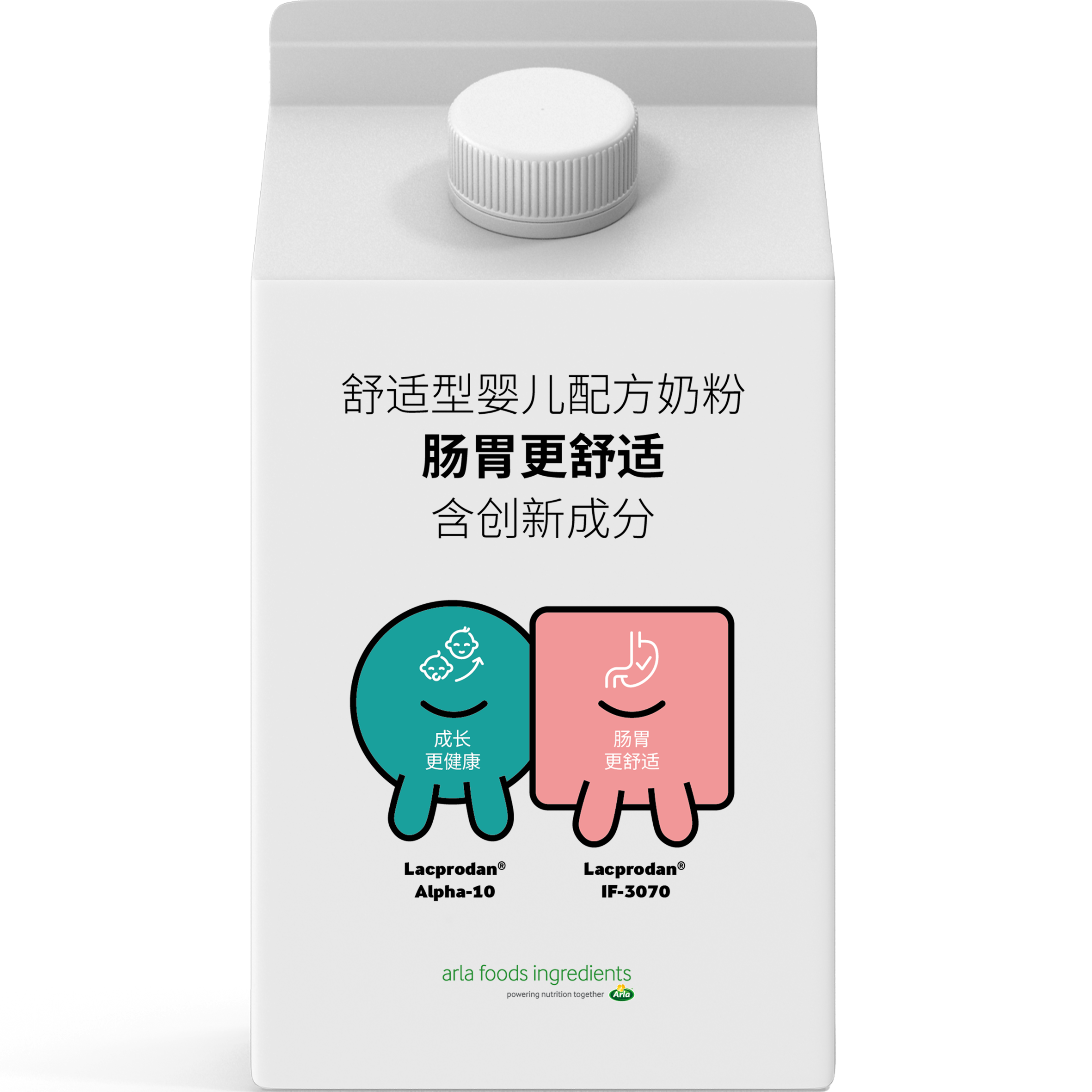 A white carton of infant formula with Chinese text and two cartoon icons. One icon shows a smiling stomach with the label 'Lacprodan Alpha-10' for healthier growth, and the other shows a smiling stomach with the label 'Lacprodan IF-3070' for more comfortable digestion. The brand is Arla Foods ingredients.