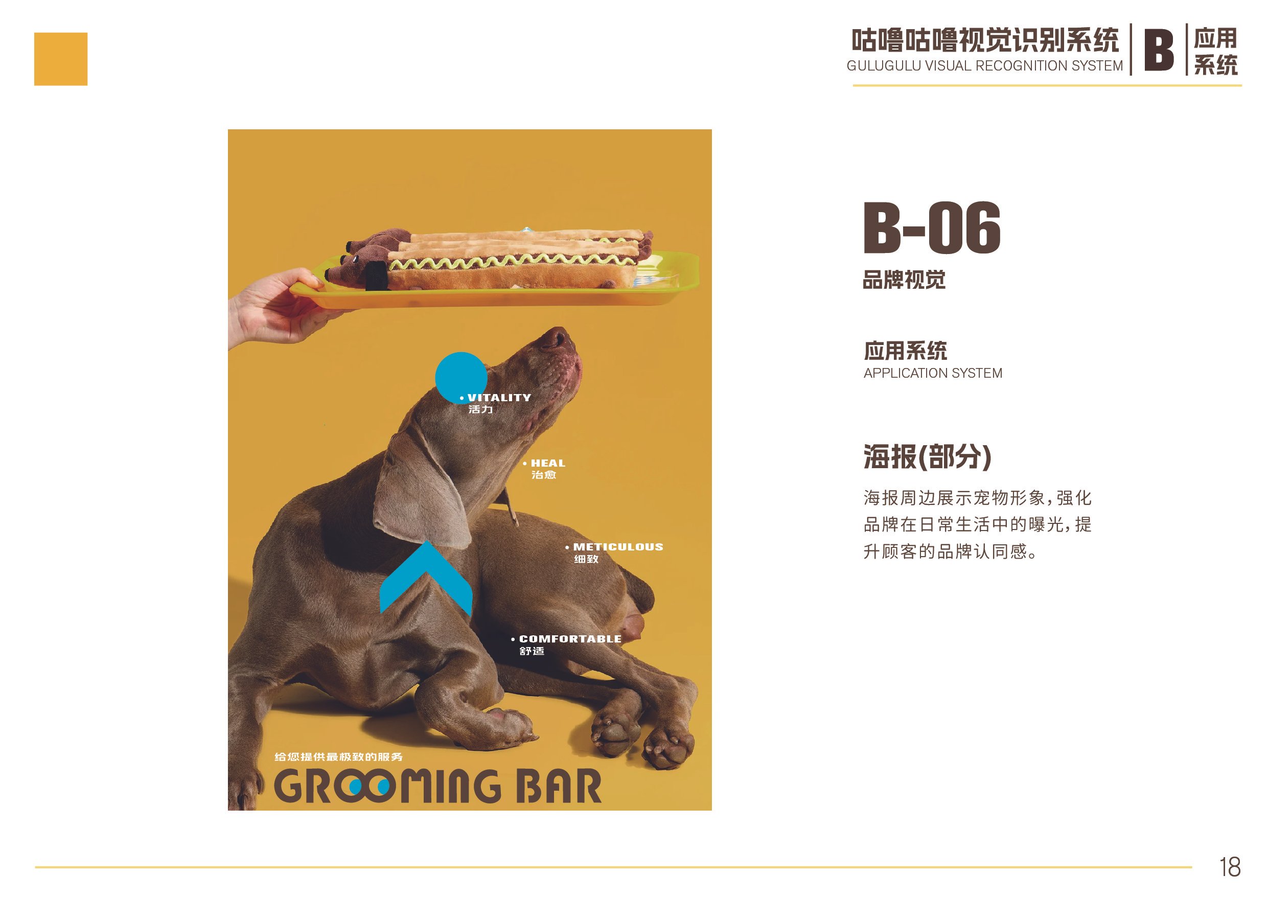A dog sitting on a yellow background, looking up at a hand holding a yellow grooming tray with two hot dogs. Blue labels point to the dog's head, indicating 'VITALITY', 'HEAL', 'METICULOUS', and 'COMFORTABLE'. The text on the right describes a visual recognition system with sections in Chinese and English, including the label 'GULGULU VISUAL RECOGNITION SYSTEM' and 'GROOMING BAR' at the bottom.
