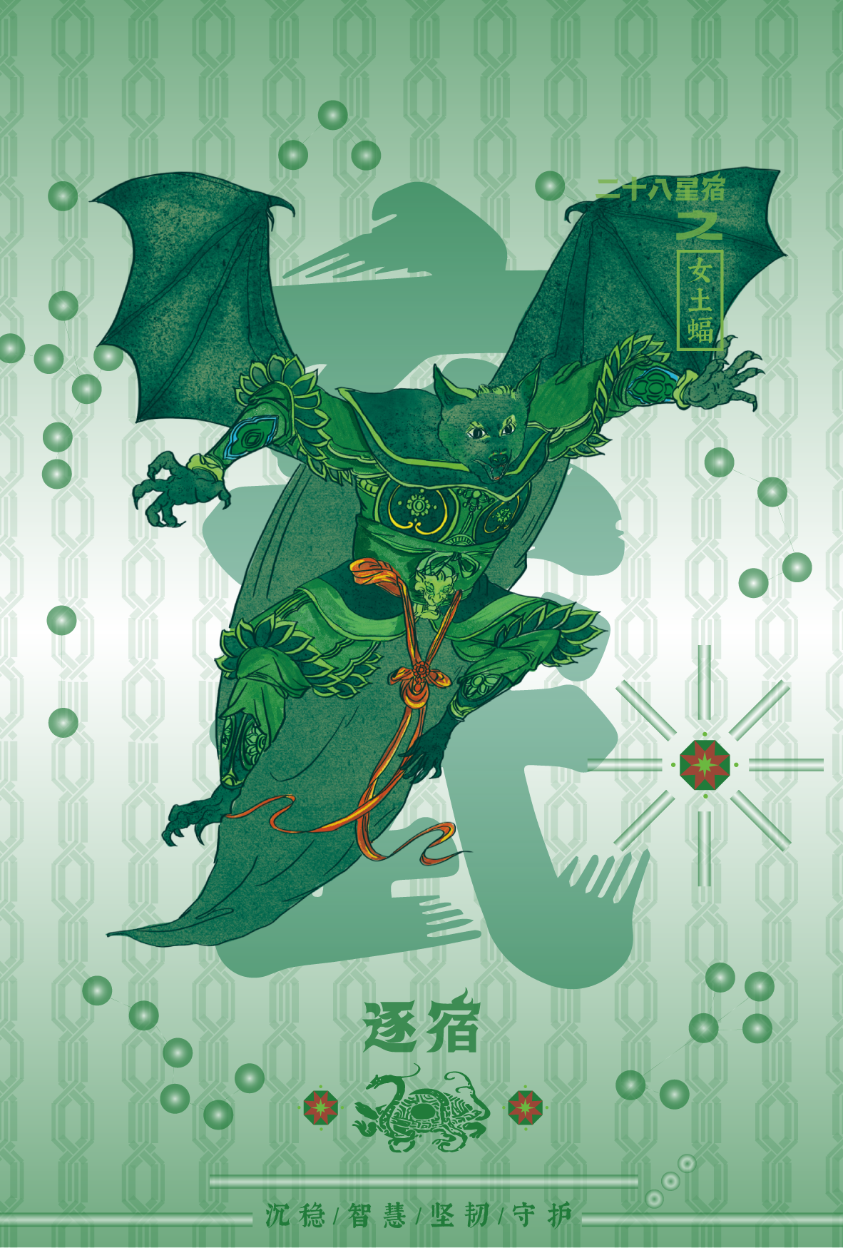 A digitally illustrated creature with the body of a humanoid, wings, and a wolf-like face, dressed in green armor, in a dynamic pose. The background features abstract shapes, symbols, and Chinese characters, with a primarily green color scheme.