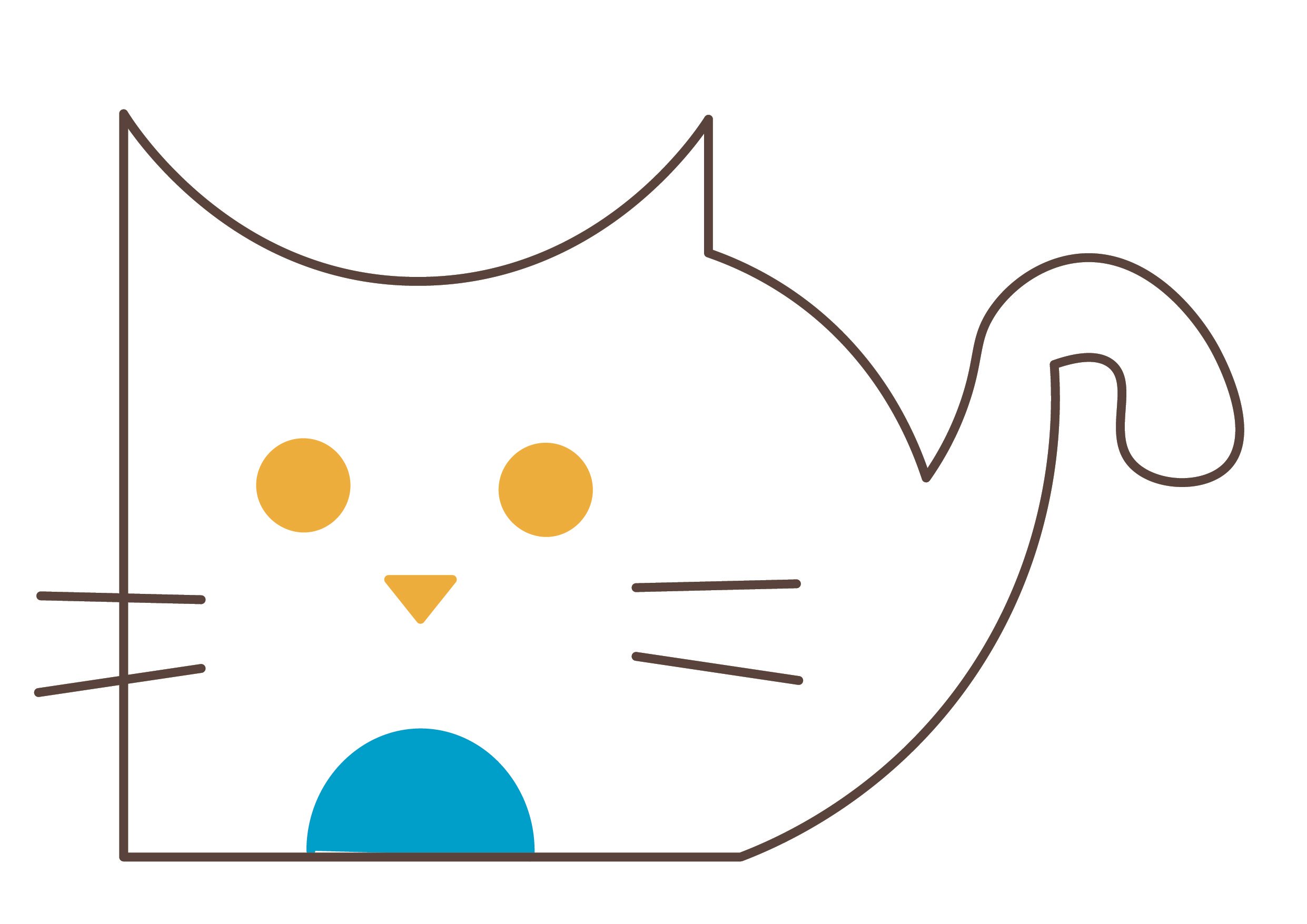 A minimalist line drawing of a cat's face on a white background. The cat has yellow eyes, a small yellow nose, a blue semicircular mouth, and a curl at the tip of its right ear.