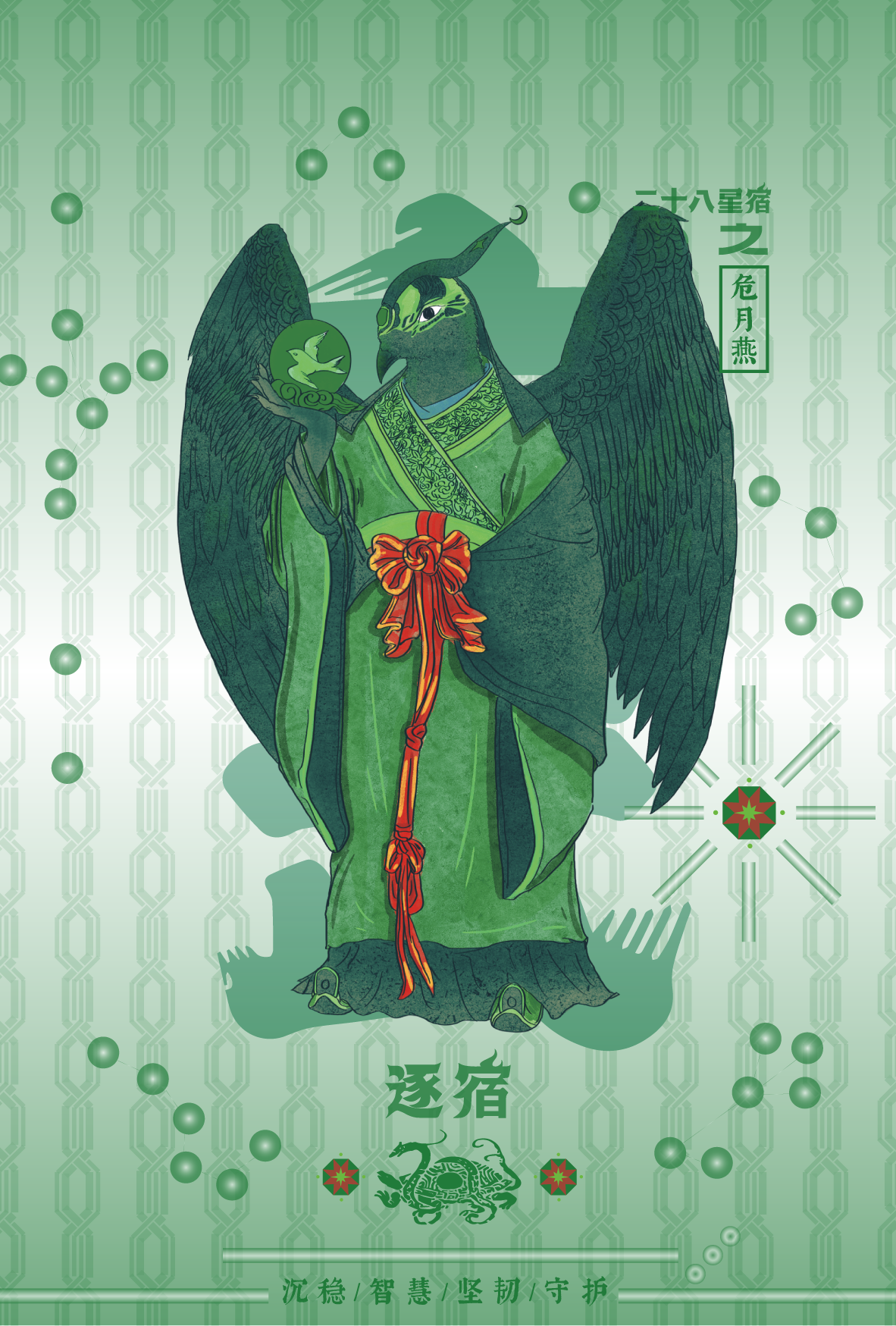 A humanoid bird with black feathers, wearing traditional green Asian robes with a red sash, holding a green orb with a bird symbol, with large black wings and a long beak, standing against a green patterned background with Chinese characters and symbols.