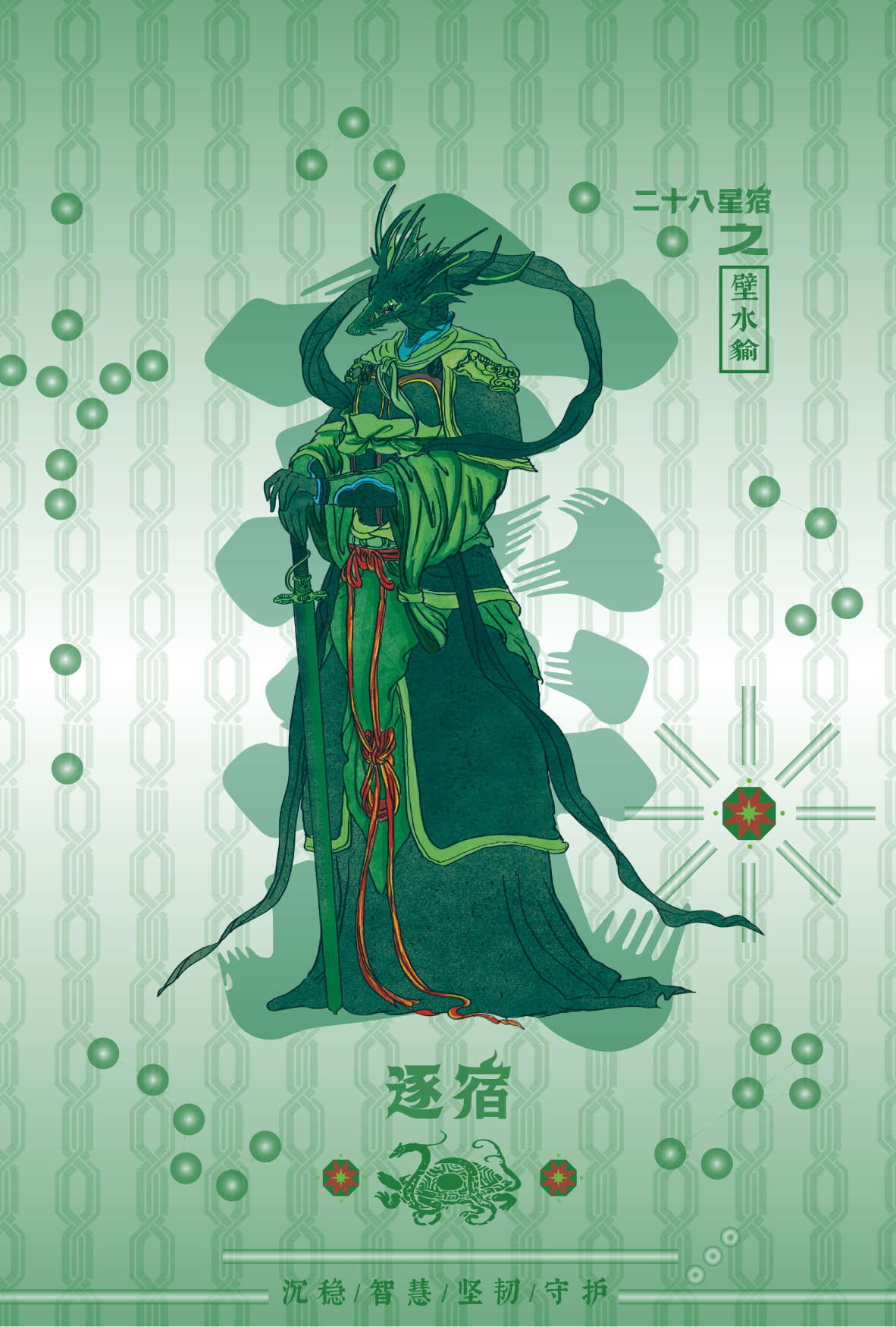 A green-themed mythological or fantasy creature with a dragon-like head, a long neck, and a humanoid body dressed in traditional robes, standing with a sword held upright. The background features symbols, patterns, and Chinese characters.