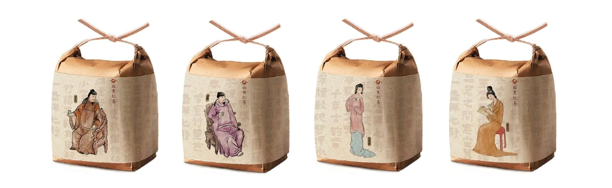 Four packages of traditional Asian tea with illustrated figures of historic Chinese characters on each package.