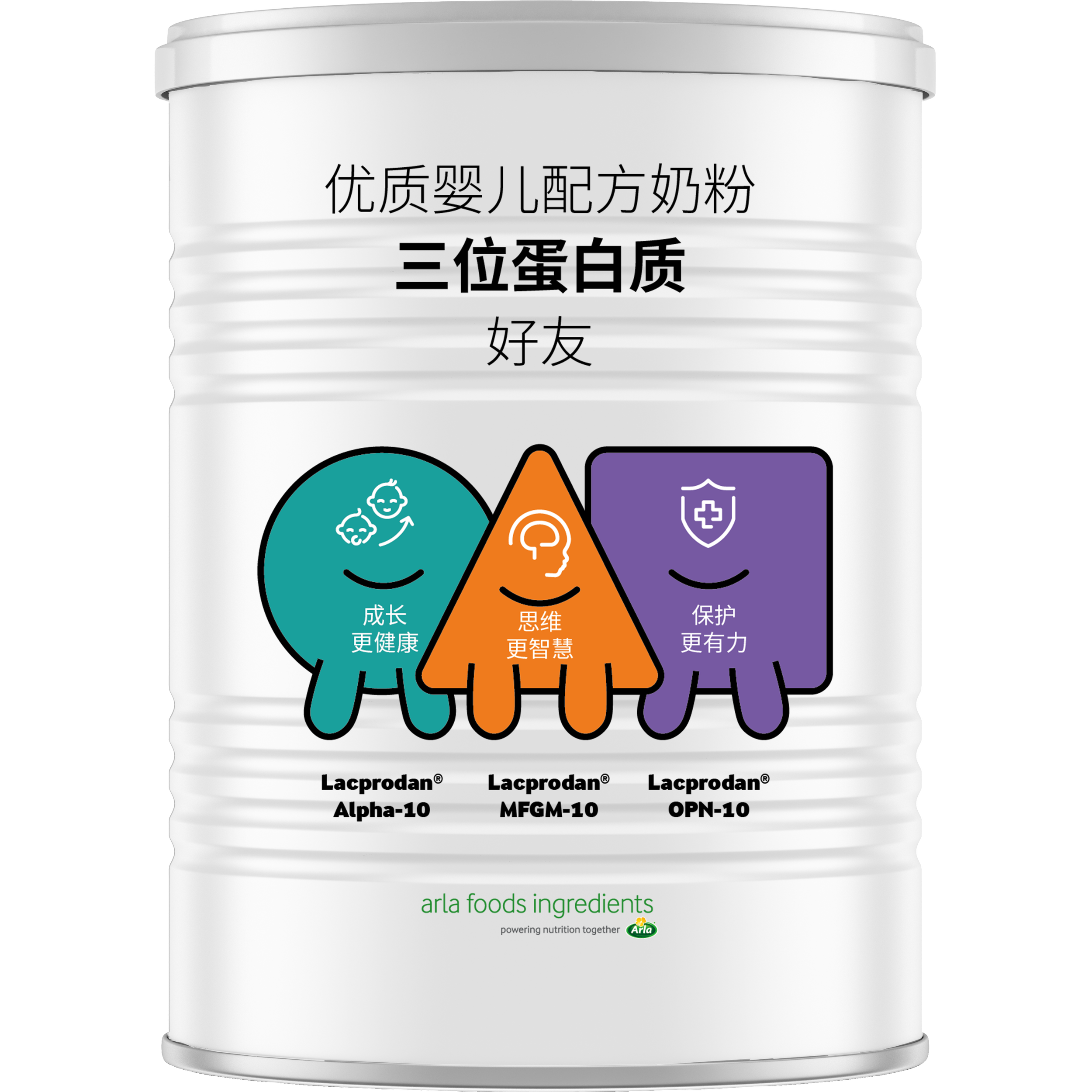 Can of infant formula with colorful cartoon characters representing growth, intelligence, and strength, with Chinese text and Arla Foods ingredients logo.