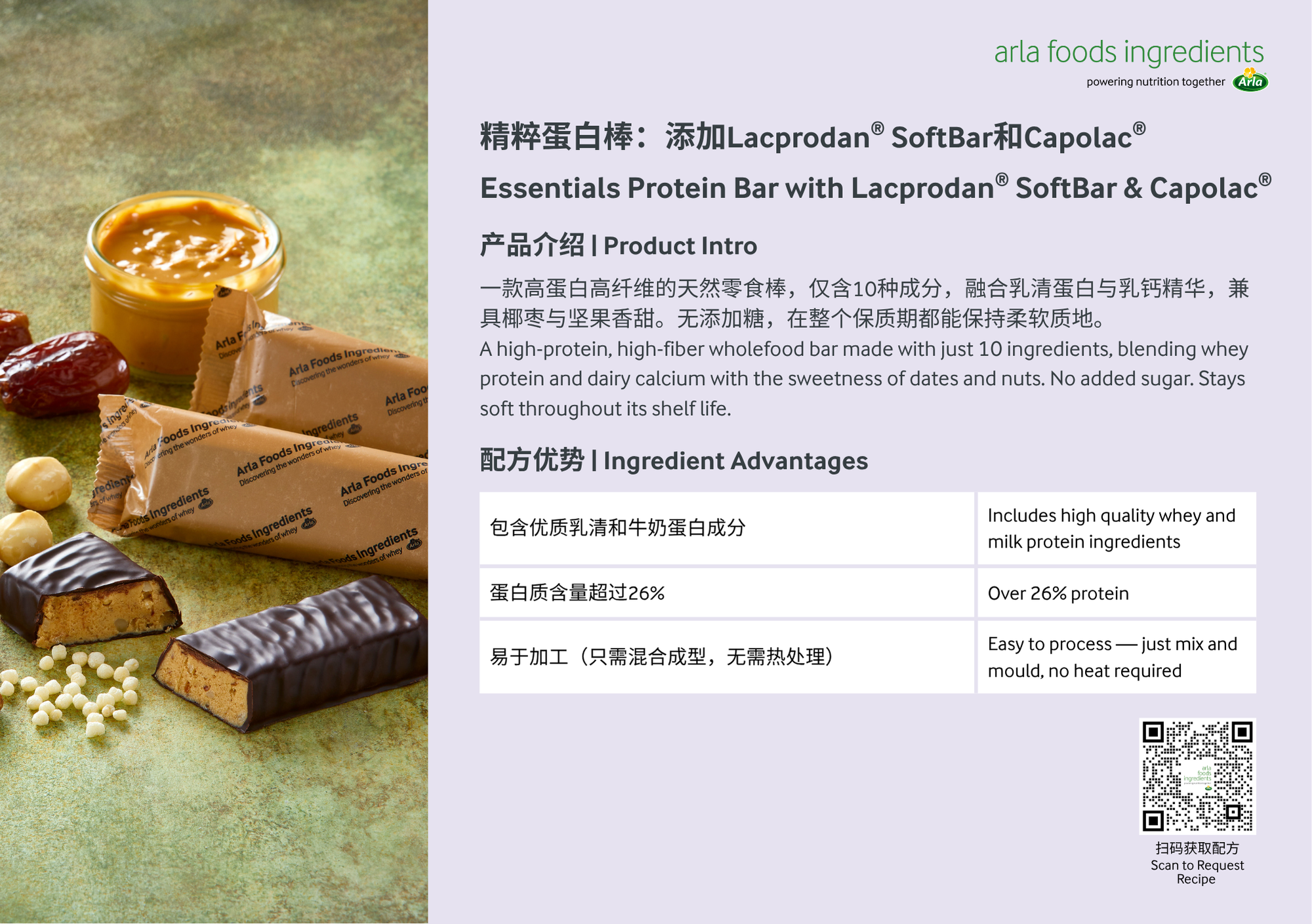 Product package display for Arla Foods protein bars, including chocolate-covered and wrapped bars, with a container of caramel, dates, nuts, and white chocolate pieces on the side.