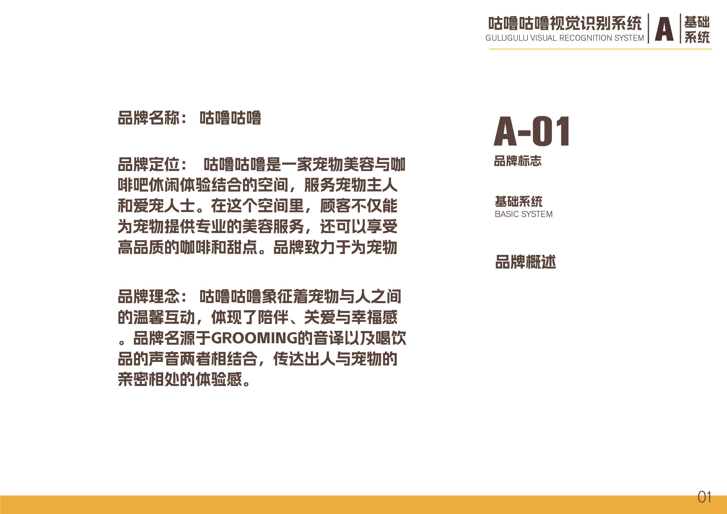 A page from a visual recognition system document titled 'Gulugulu Visual Recognition System.' It contains text in Chinese and English, describing a pet grooming business. The page is labeled 'A-01' and is part of the 'Basic System.' The layout includes a header, multiple paragraphs of descriptive text, and section labels, with a small orange bar at the bottom and the number '01' in the lower right corner.