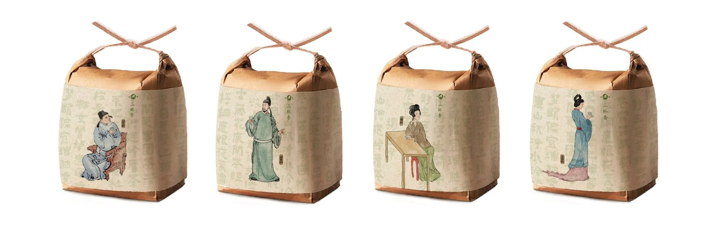 Four brown paper packages with illustrations of traditional Chinese figures on the front.