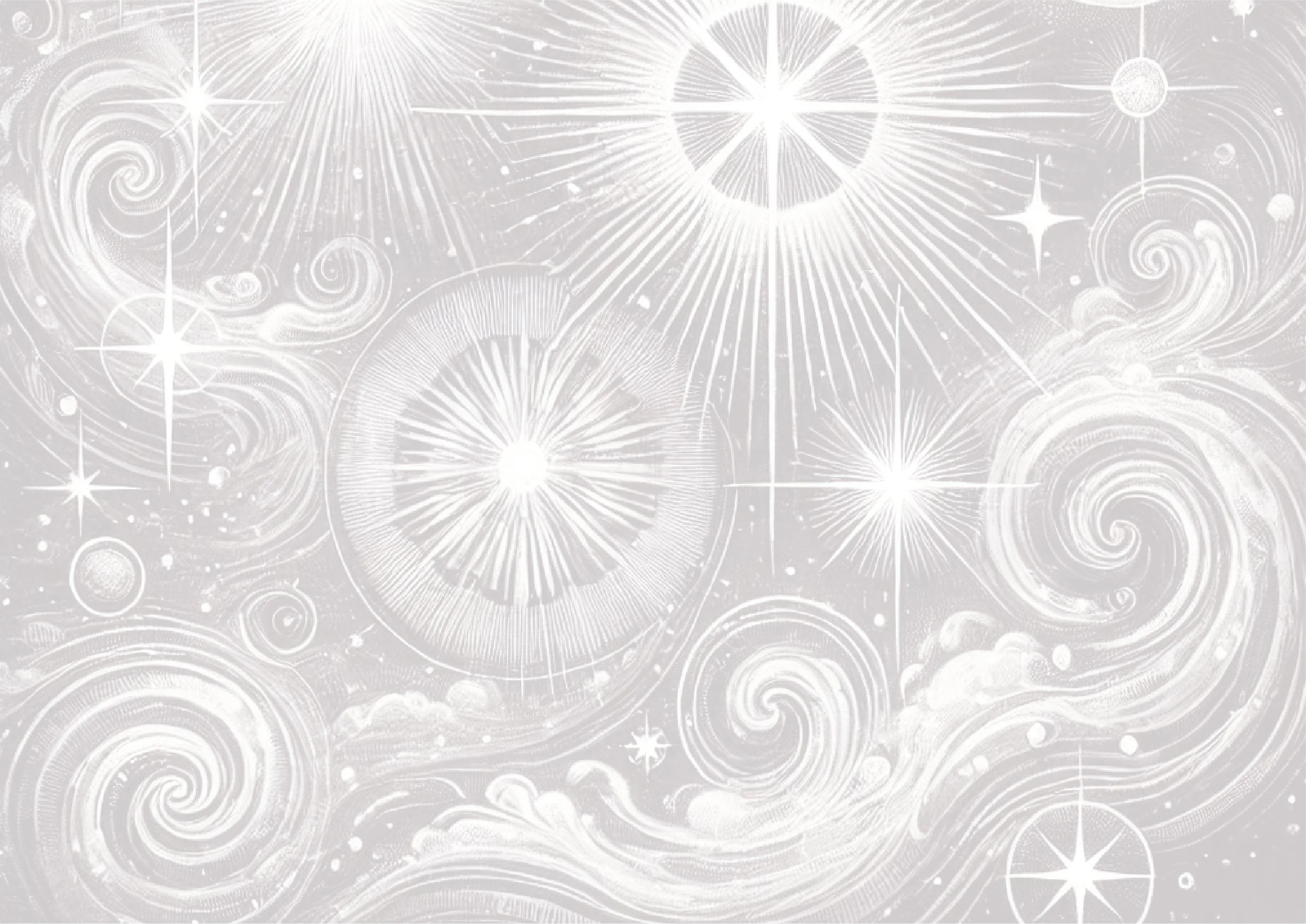 A light-colored, celestial-themed background featuring swirling clouds, stars, and radiant sunburst designs with a mystical and dreamy aesthetic.