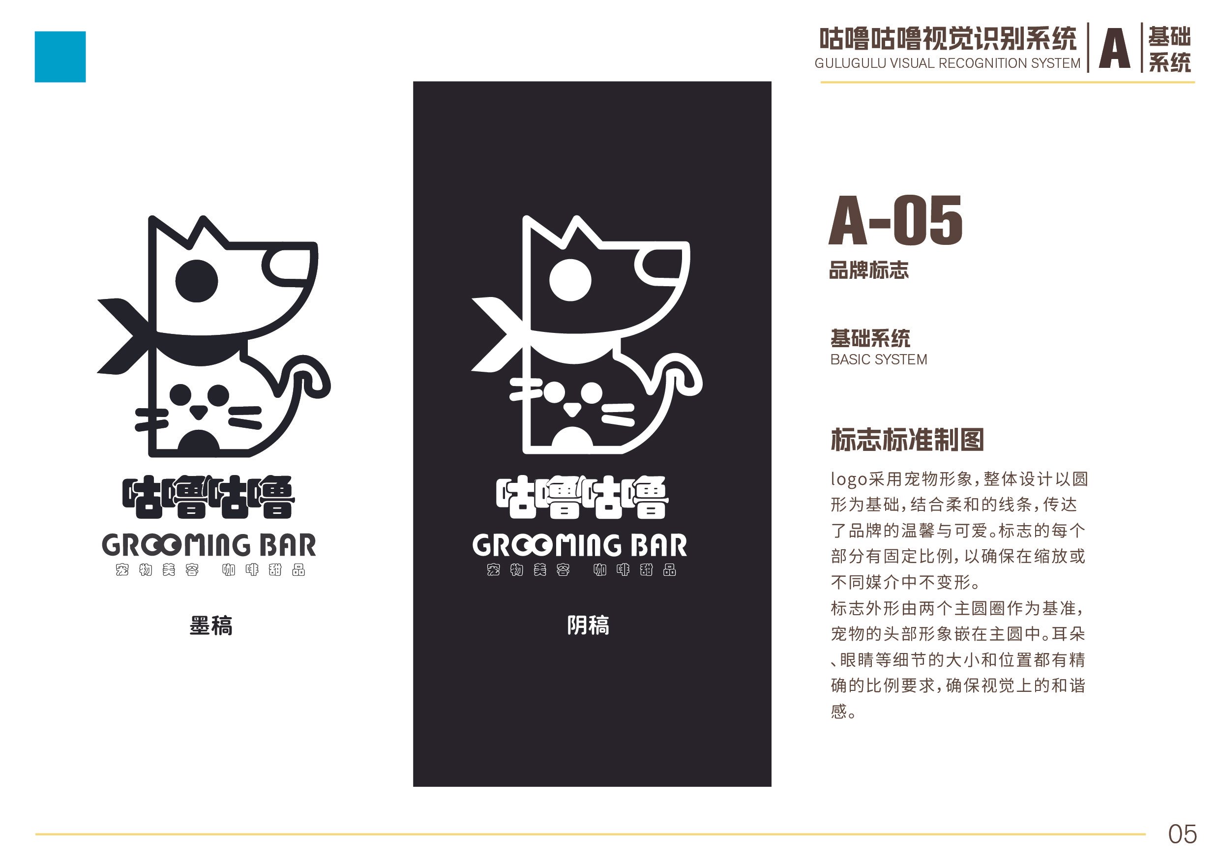 A branding guide page displaying a logo of a cartoon dog and cat combined, labeled 'GROOMING BAR,' with two variations: one in black on white and one in white on black. The page includes descriptions and specifications for logo design.