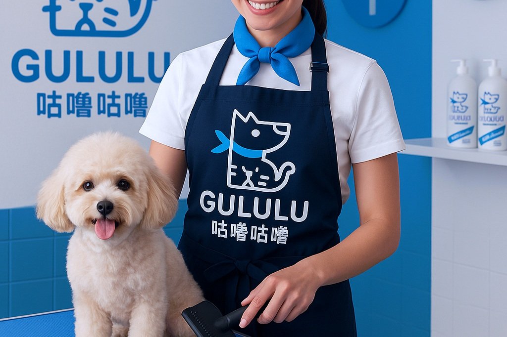 A woman in a white shirt with a blue scarf around her neck and a navy apron with a dog logo, holding a grooming tool next to a fluffy cream-colored dog in a grooming salon.