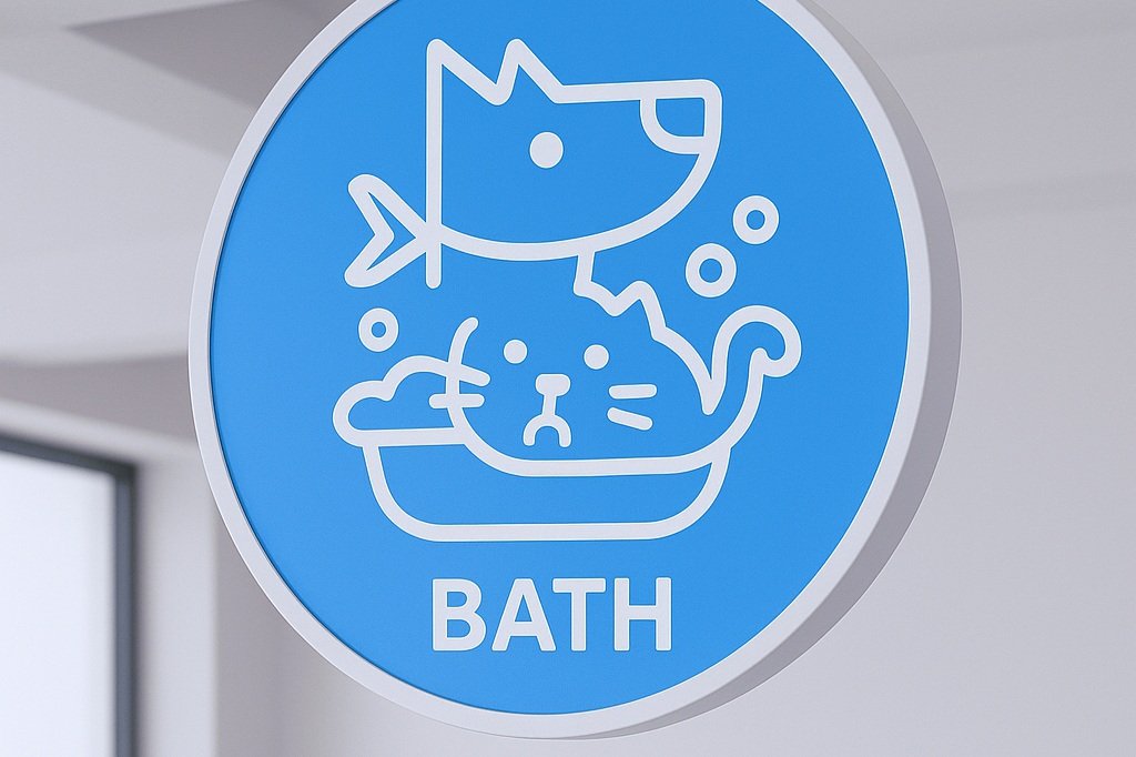 Blue circular sign with a white outline illustration of a cat in a bathtub, with a fish jumping into the tub and bubbles surrounding the cat. The word "BATH" is written at the bottom of the sign.