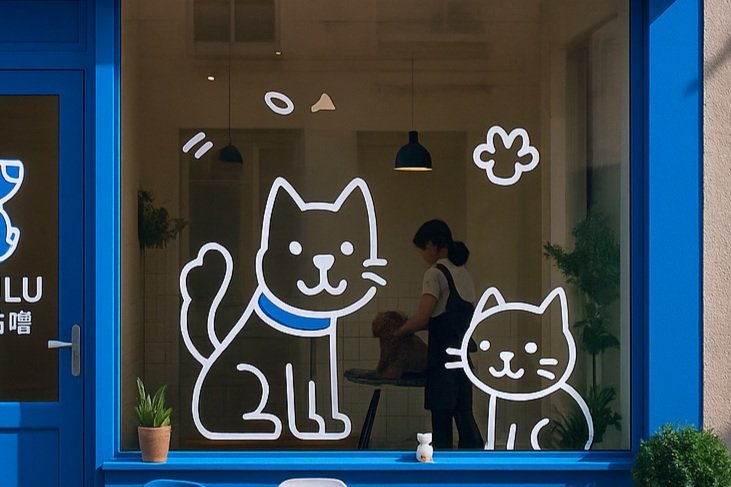 Decorative window with cartoon drawings of a dog and a cat, plants inside, and the reflection of a person cleaning the window.