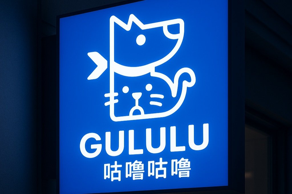 Blue illuminated sign with a logo of a stylized dog and cat, the word "GULULU" in bold white letters, and Chinese characters underneath.