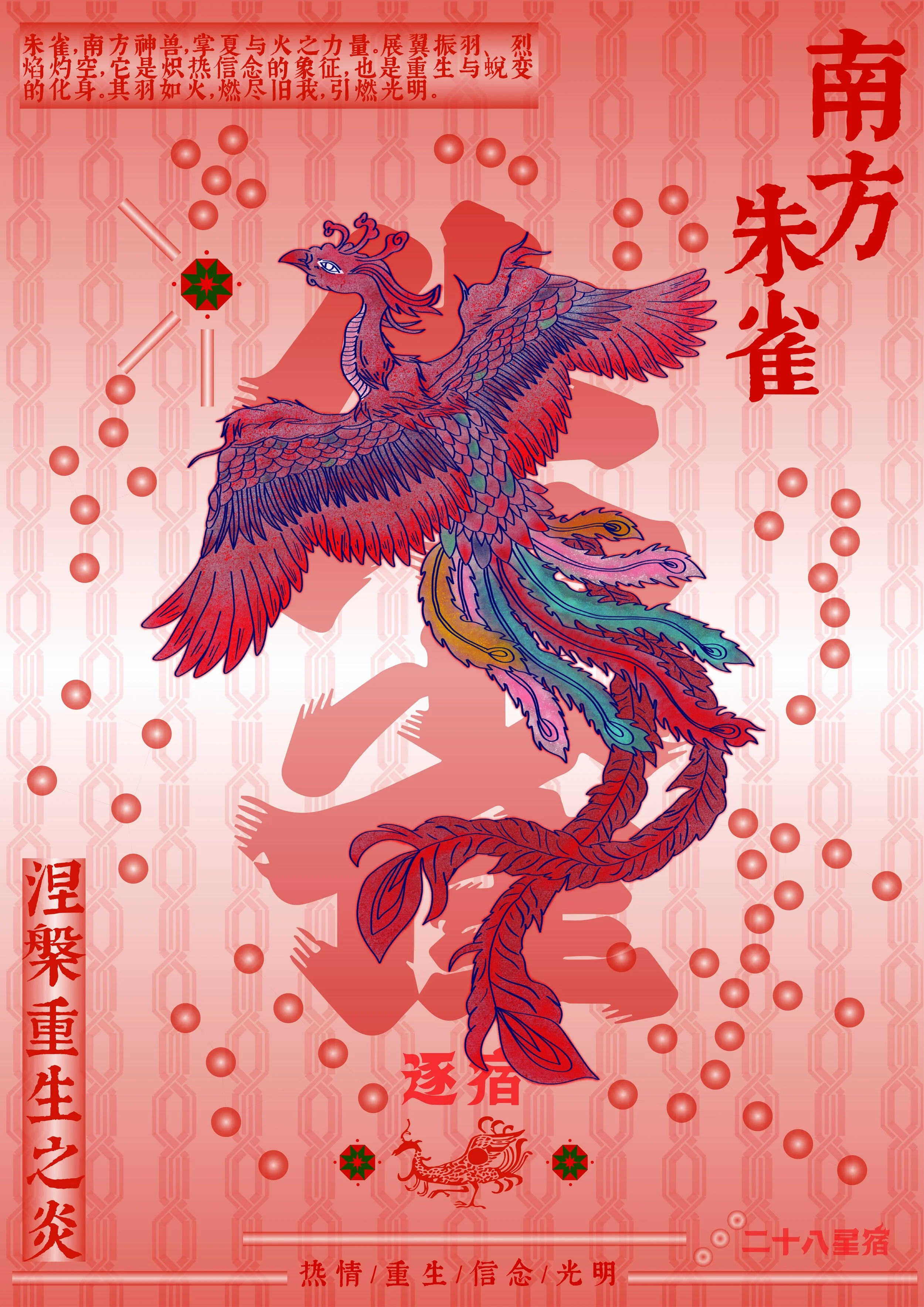 A colorful, stylized illustration of a phoenix with detailed feathers in red, blue, and purple, set against a red background with Chinese text and symbols. The phoenix has outstretched wings and a long, elaborate tail.