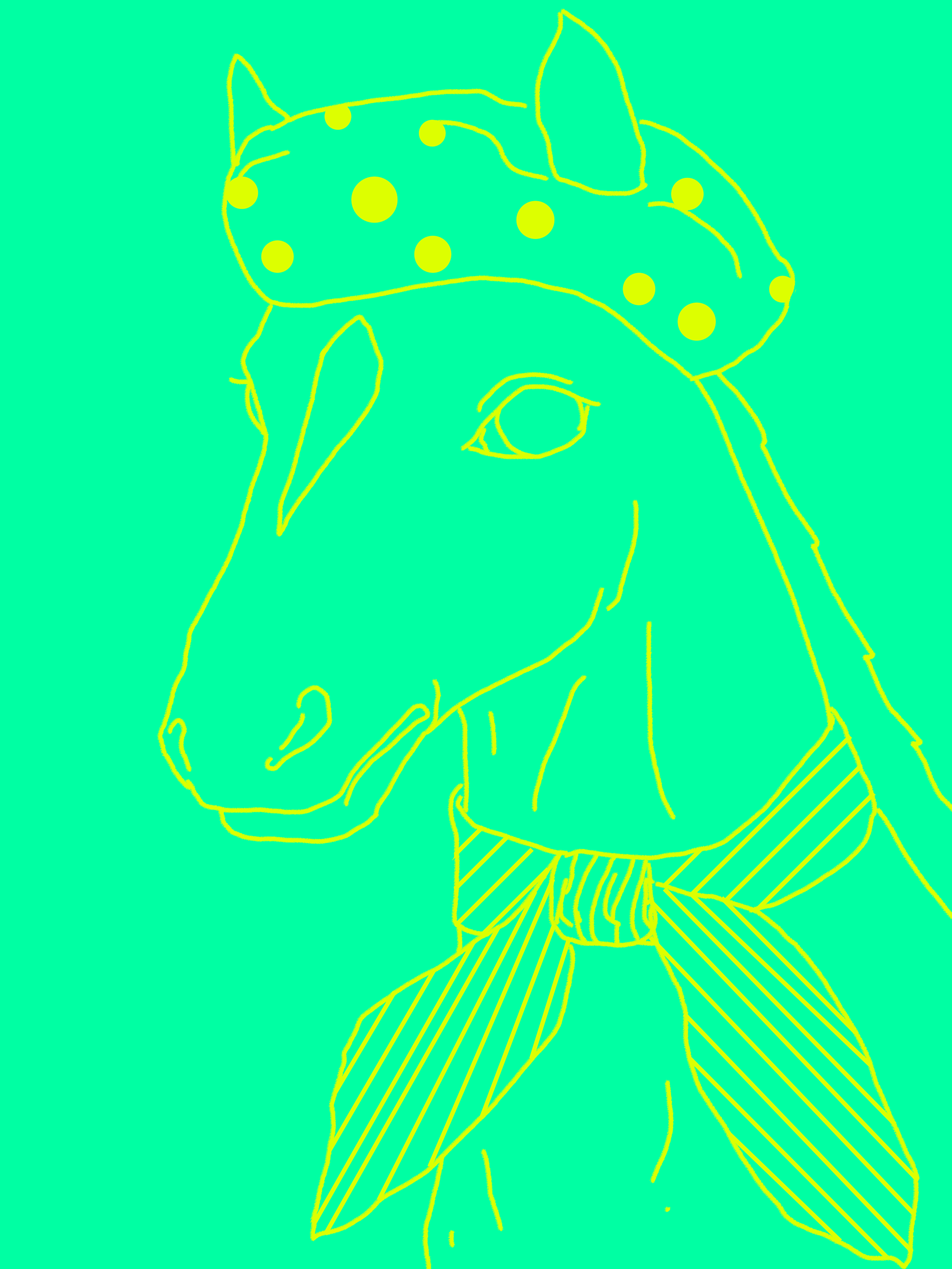 Line drawing of a horse with a polka dot riding hat and a striped necktie, with a turquoise background.