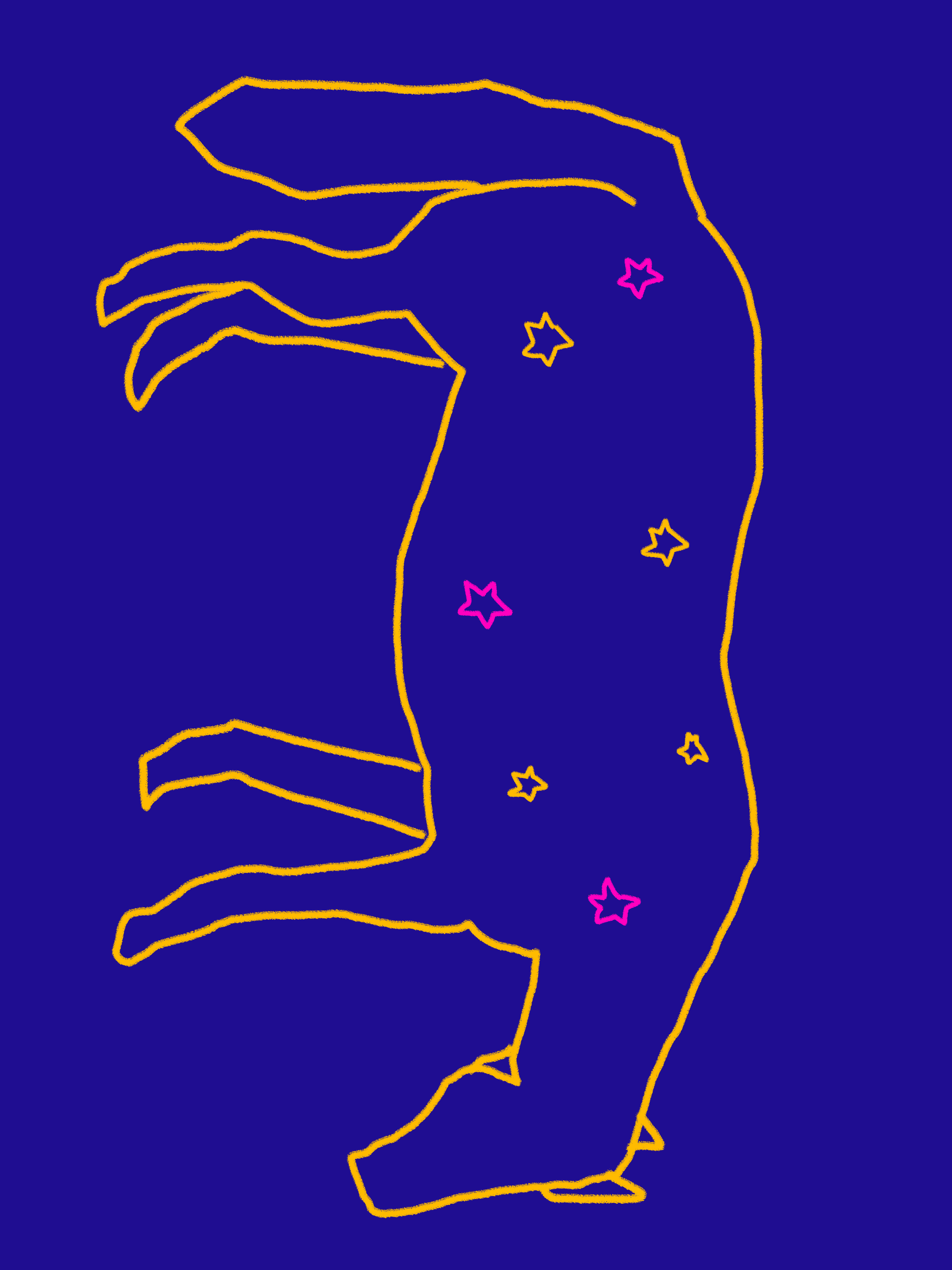 Neon outlines of a hand, with star-shaped decorations on the hand, set against a dark blue background.