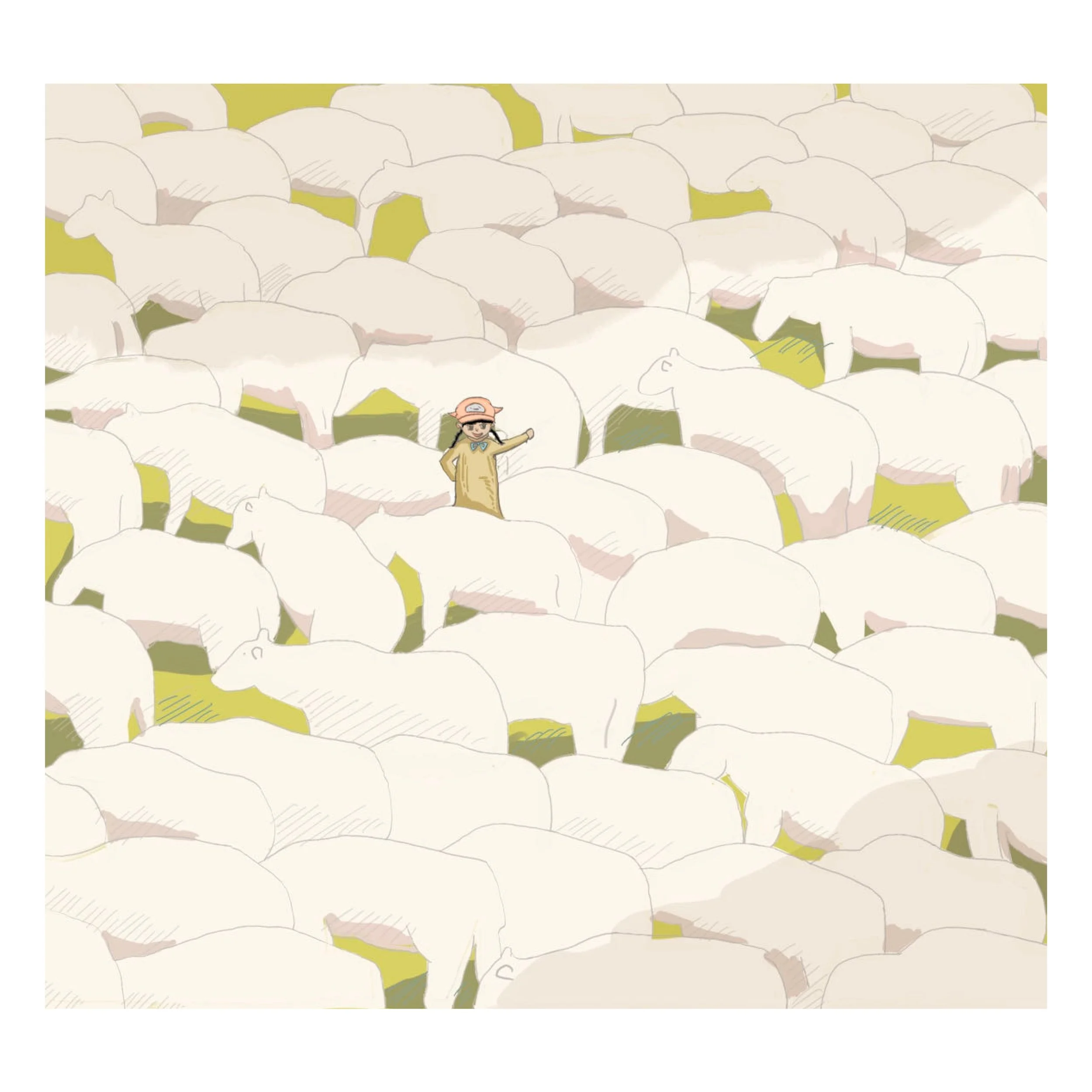 A person in a hat and beige outfit stands among a large herd of white sheep on a green grassy field.