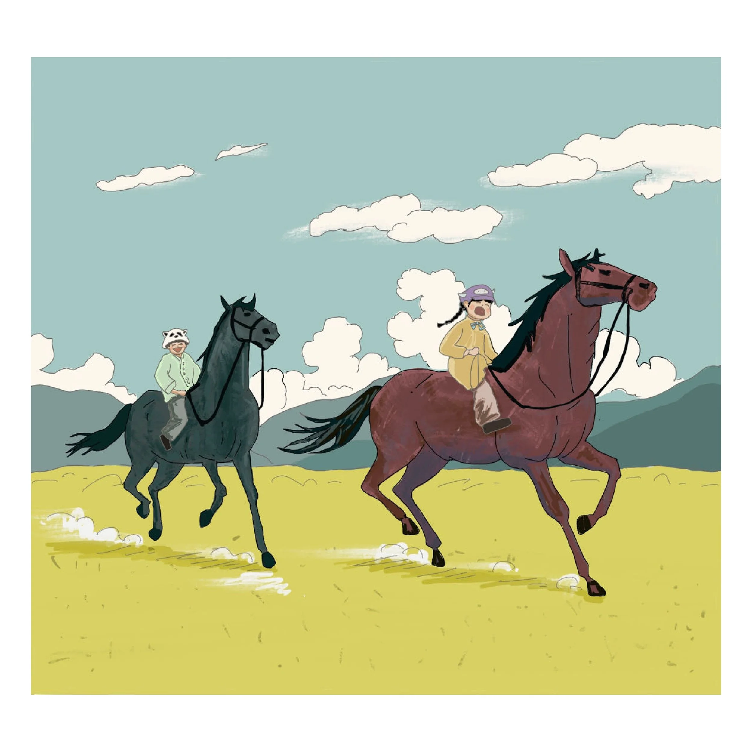 Two children riding horses on a grassy field, with mountain scenery and cloudy sky in the background.
