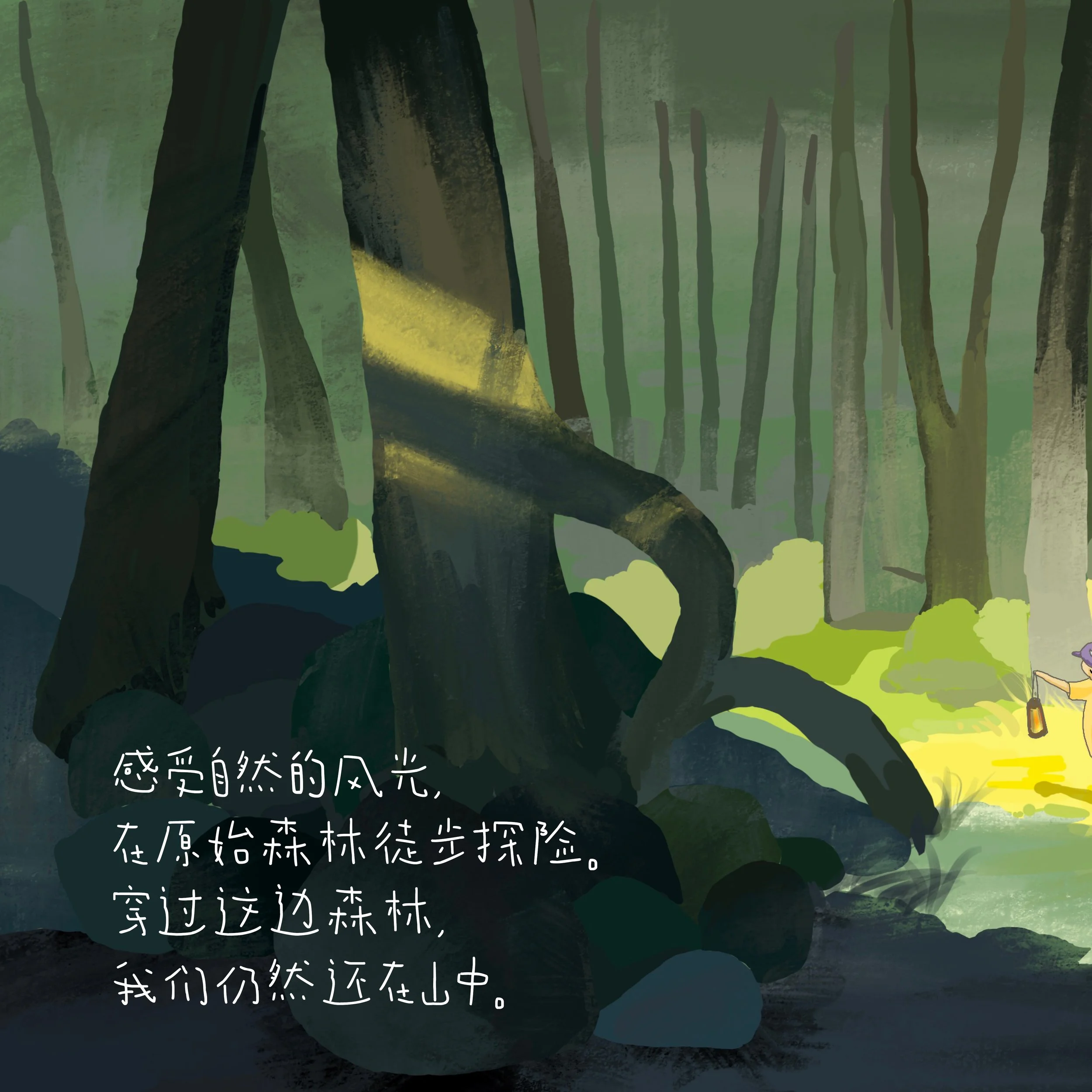 Illustration of a dense forest with tall trees, dappled sunlight, and a small character holding a lantern standing on a trail. Chinese text overlay describing the experience of exploring the forest.