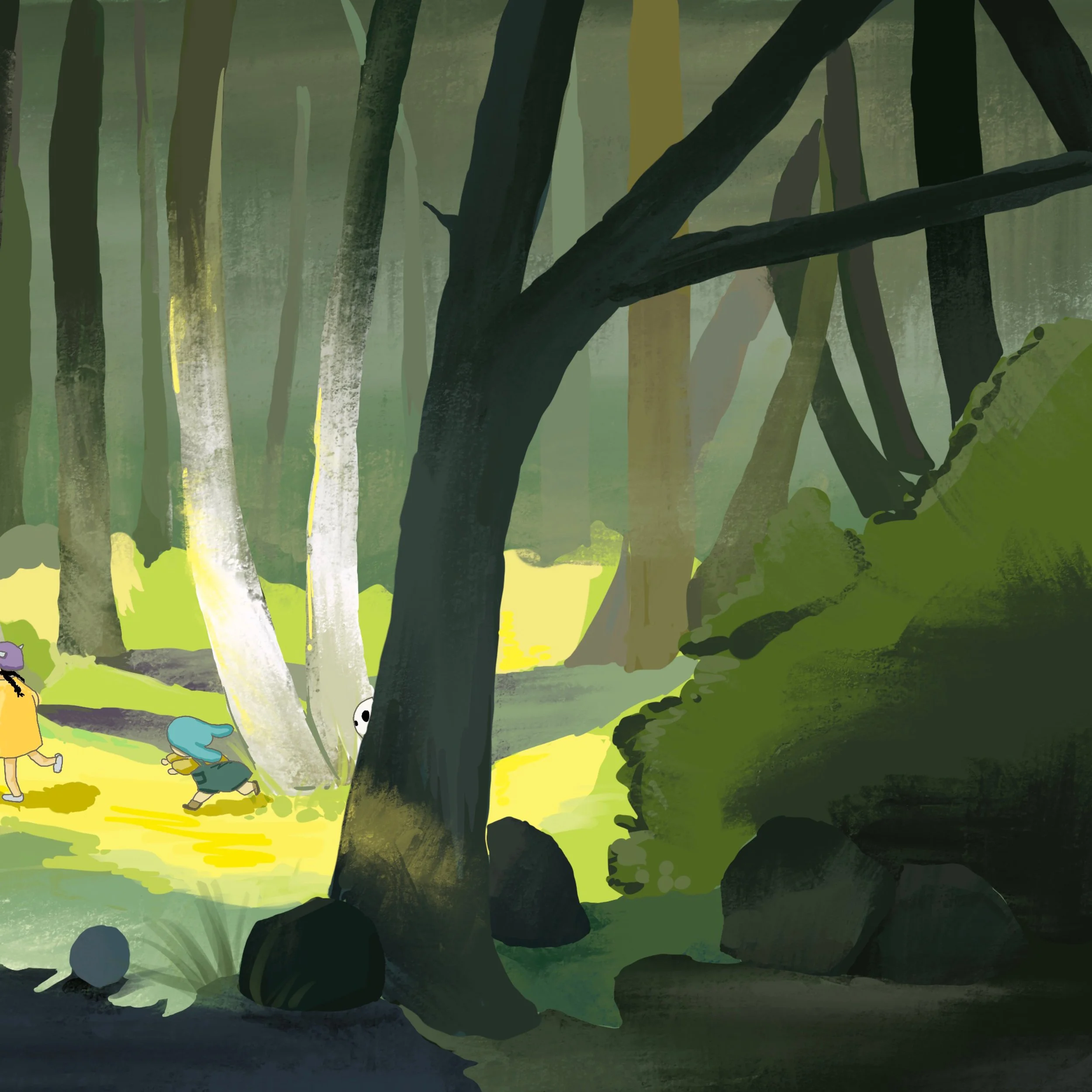 An illustration of children playing in a forest, with trees, rocks, and green foliage visible.