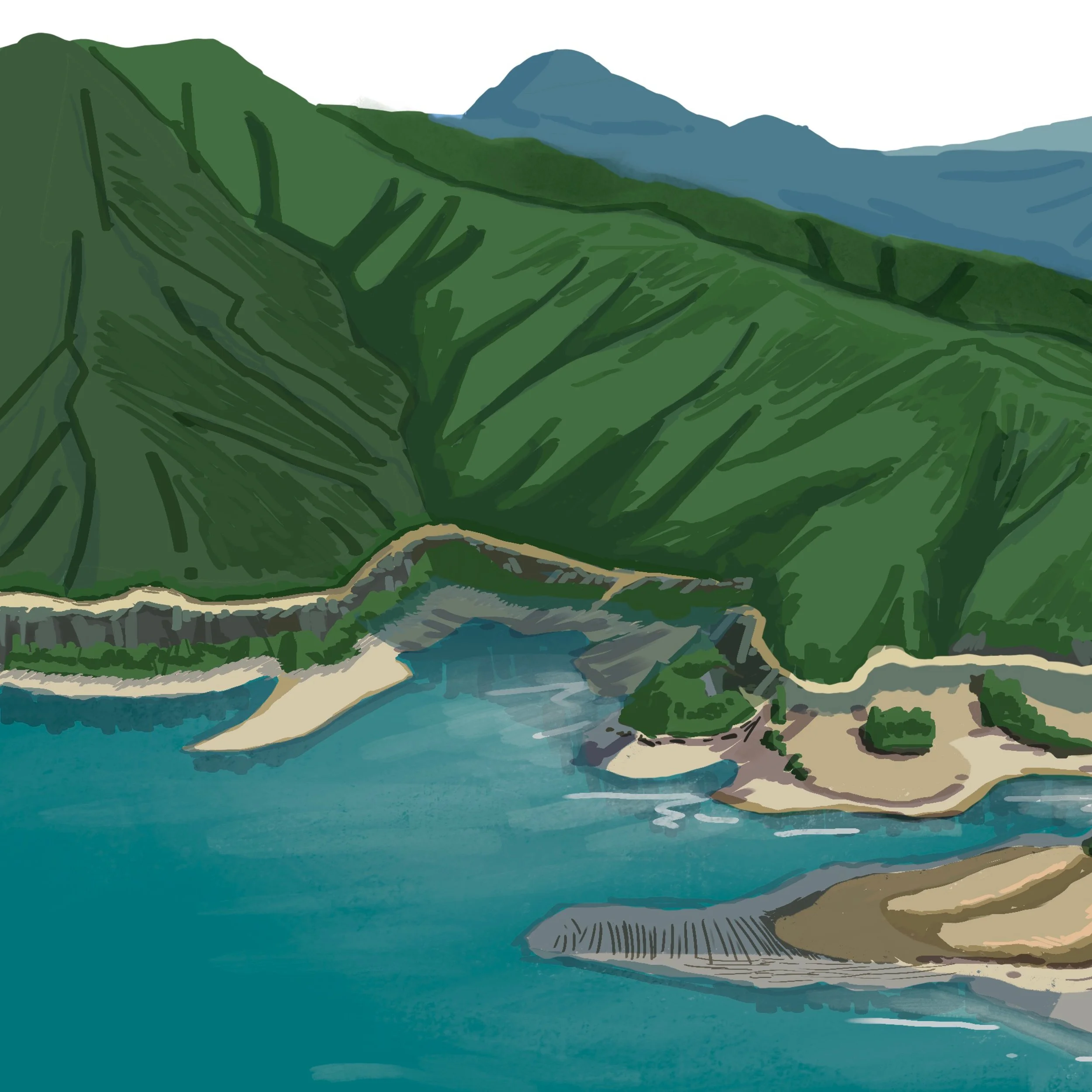 A digital painting of a mountain landscape with green hills, a river or lake at the base, and distant mountains in the background.