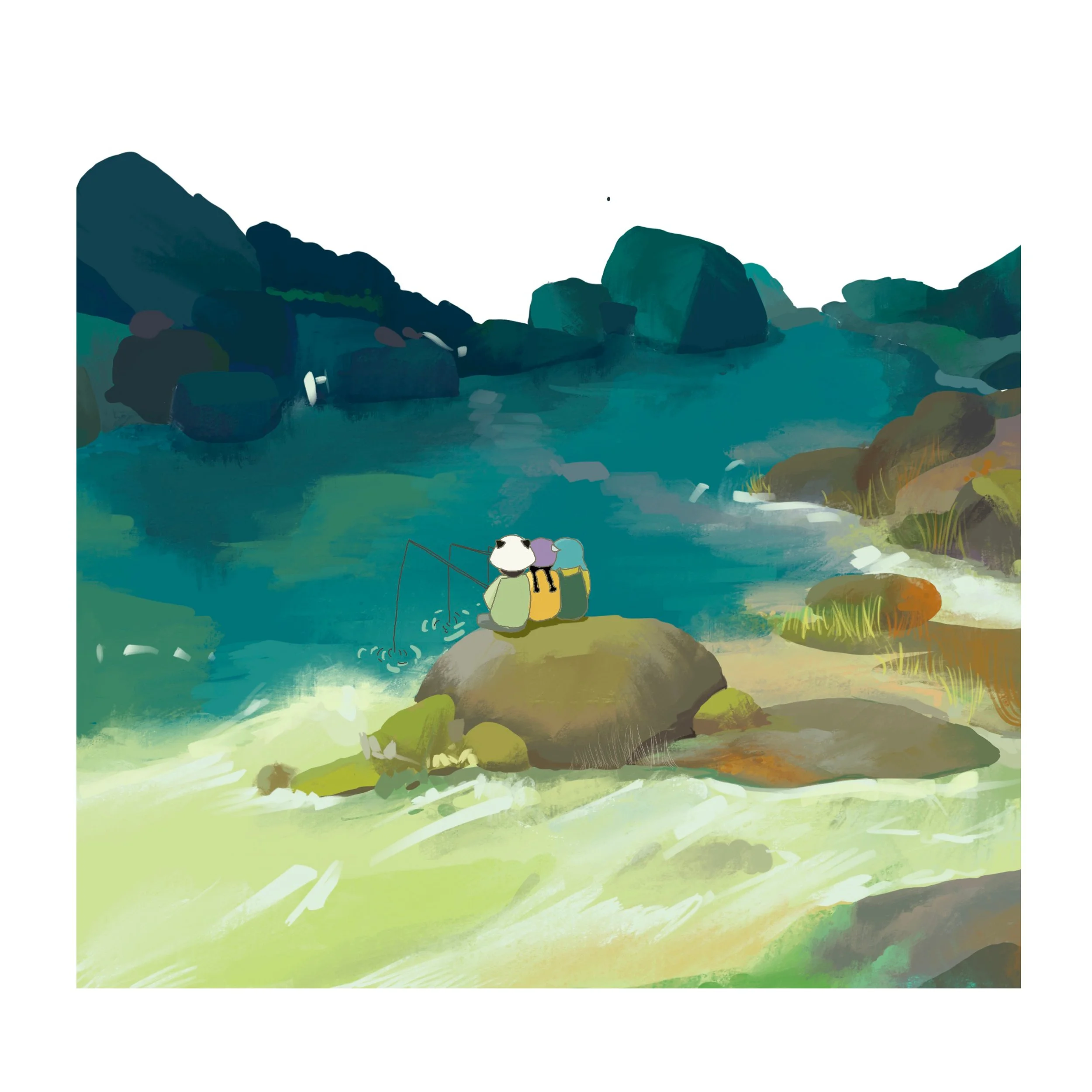 Two pandas are sitting on a rock by a river, fishing with a scenic landscape of rocks, water, and greenery in the background.