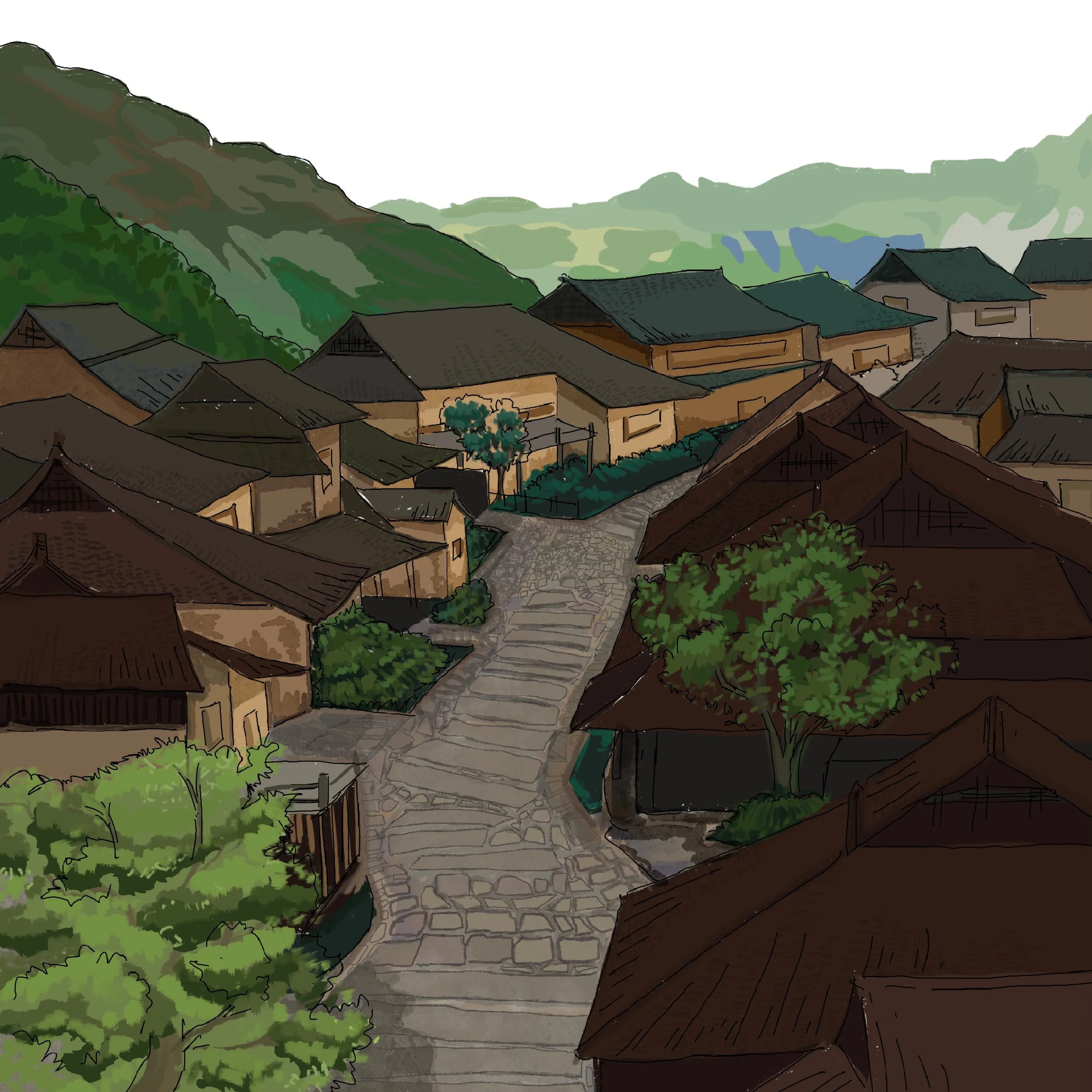 A scenic painting of a mountain village with traditional houses, stone-paved paths, and lush greenery in the background.