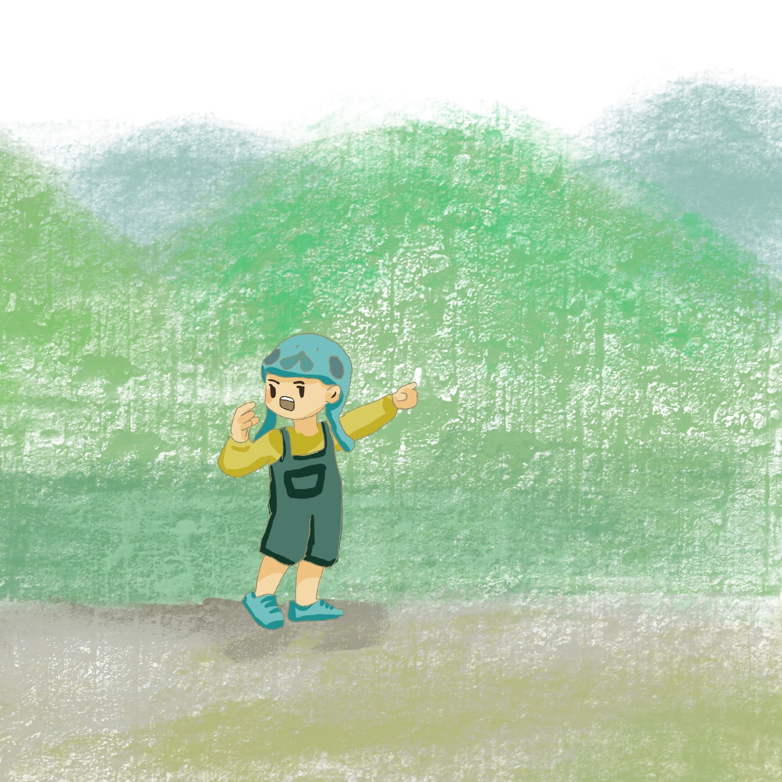 A cartoon girl in a blue helmet, yellow long-sleeve shirt, and green overalls pointing with her right hand while walking on a dirt path in a green outdoor setting.