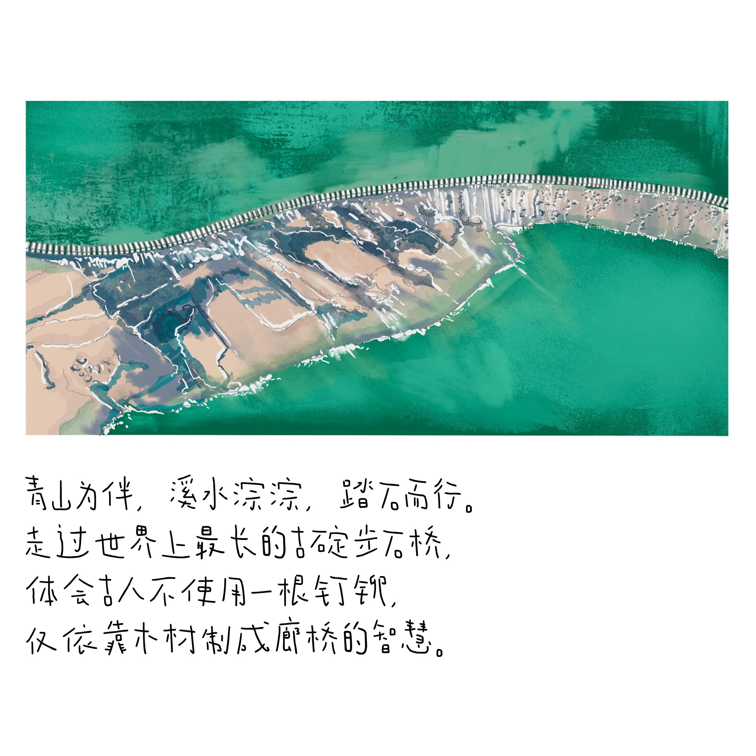 A digital painting of a coastal landscape with a stone bridge over the water, with handwritten Chinese text below describing the scenery.
