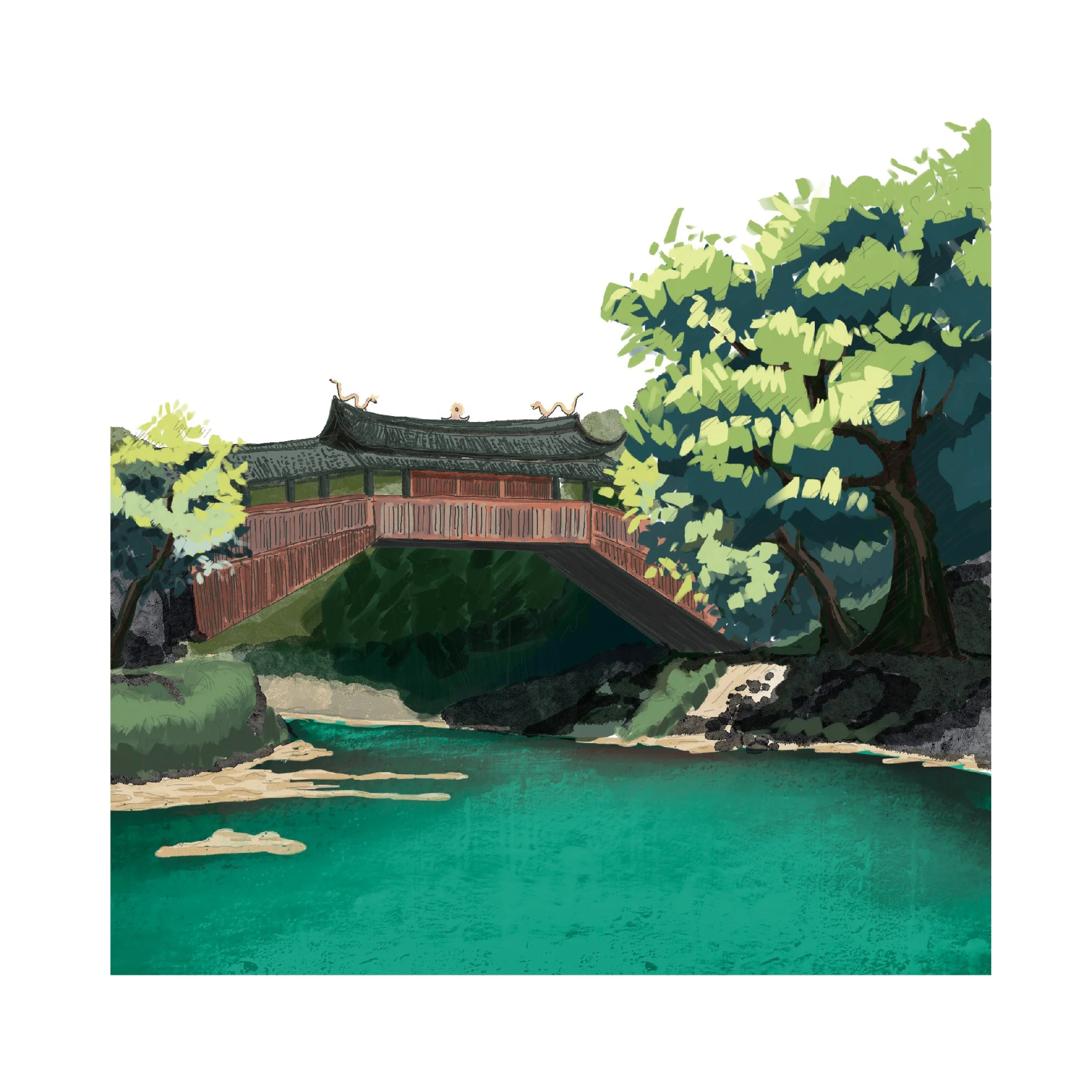 Painted landscape of a traditional Asian-style bridge over a river, surrounded by trees and rocks.