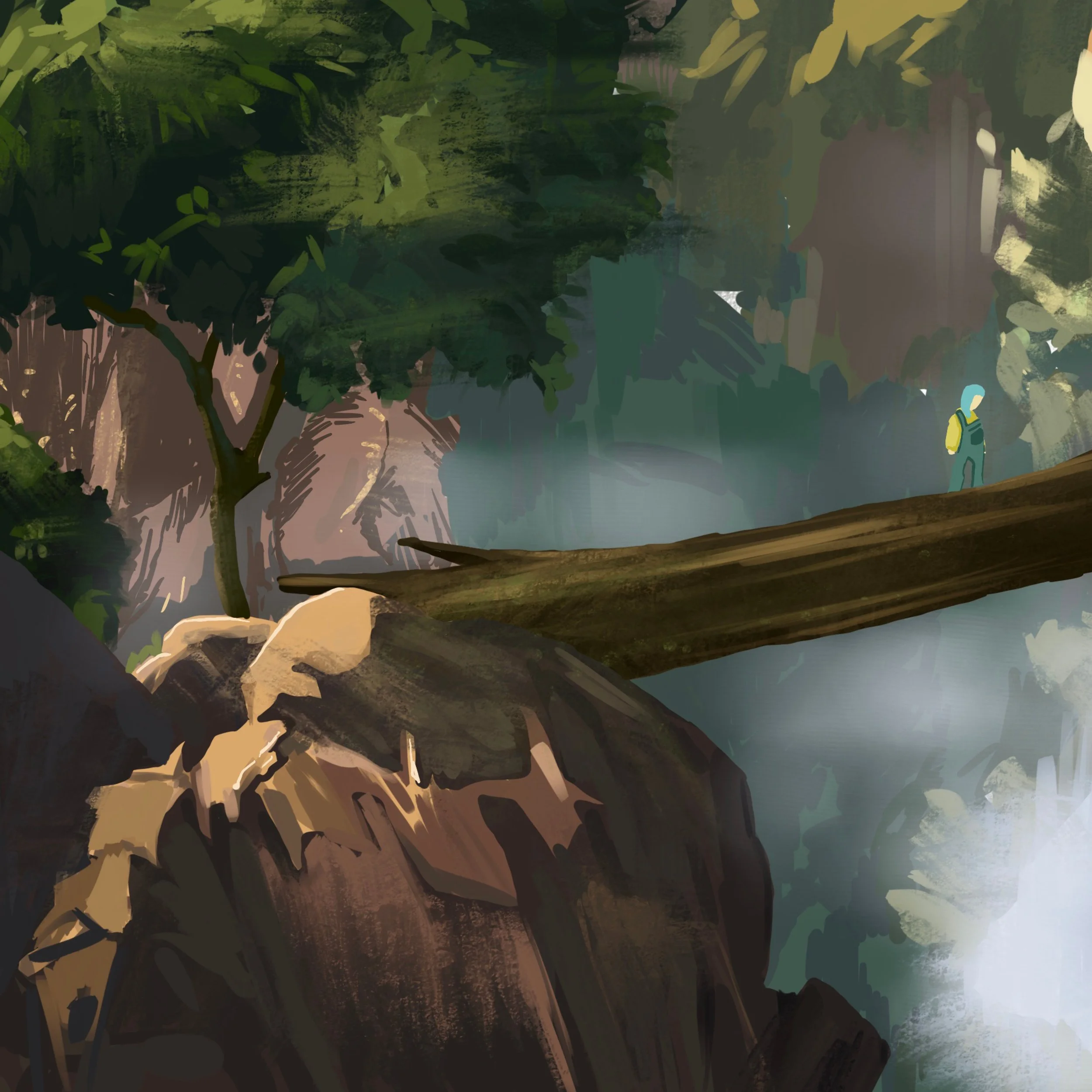 A hiker with a yellow backpack walks along a forest trail surrounded by dense green trees and rocks, with a fallen log crossing the path.