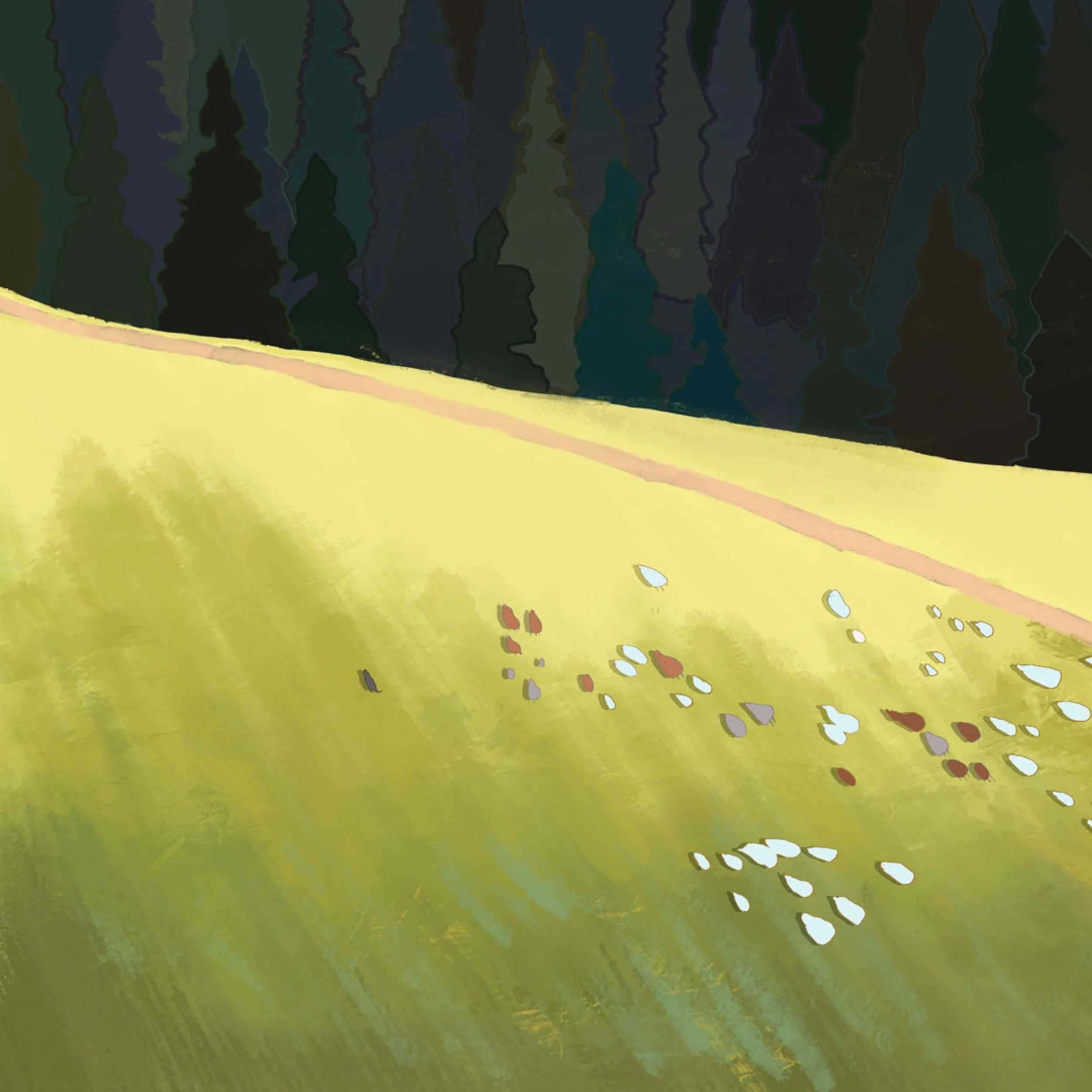 A digital painting of a grassy hill with scattered flowers, a dirt path, and a dense forest in the background.