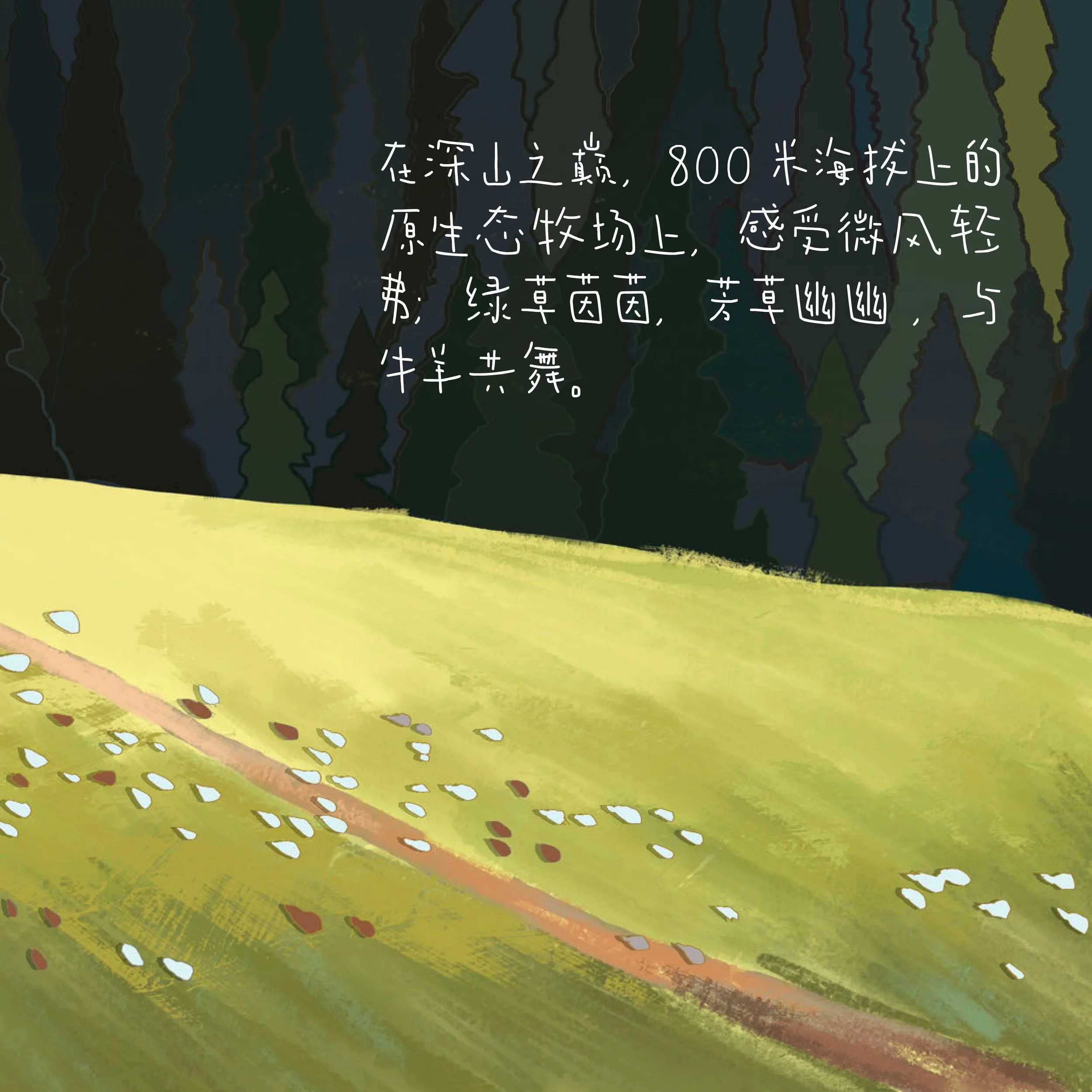 A picturesque landscape featuring a yellow field with scattered white and brown seeds in the foreground, dark green forests in the background, and Chinese text overlaying the scene describing the environment and its ecological features.