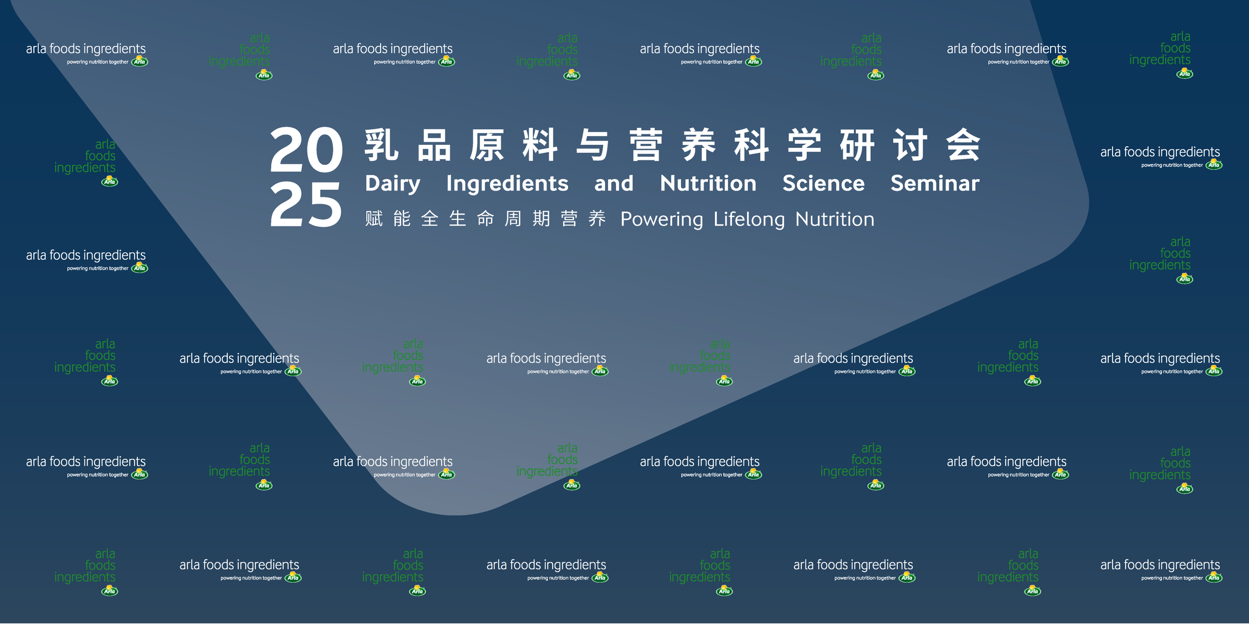 Seminar banner with dates 2025, Chinese and English text about Dairy Ingredients and Nutrition Science Seminar, Arla Foods Ingredients logo, and a blue background with repeated Arla Foods Ingredients logos.
