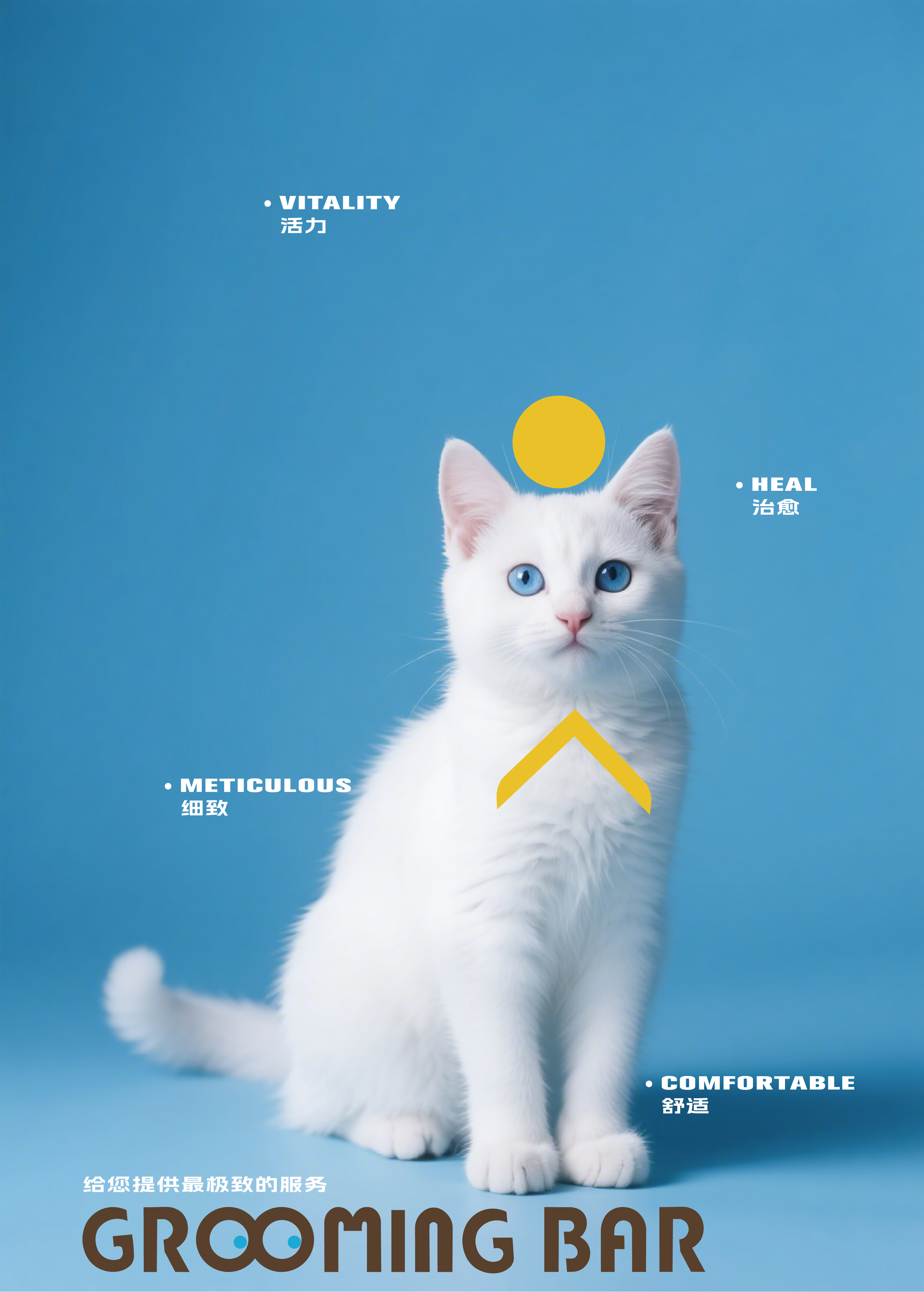 A white kitten with blue eyes on a blue background with text highlighting qualities like vitality, heal, meticulous, comfortable, and grooming. The text is in English and Chinese and features yellow and white graphics.