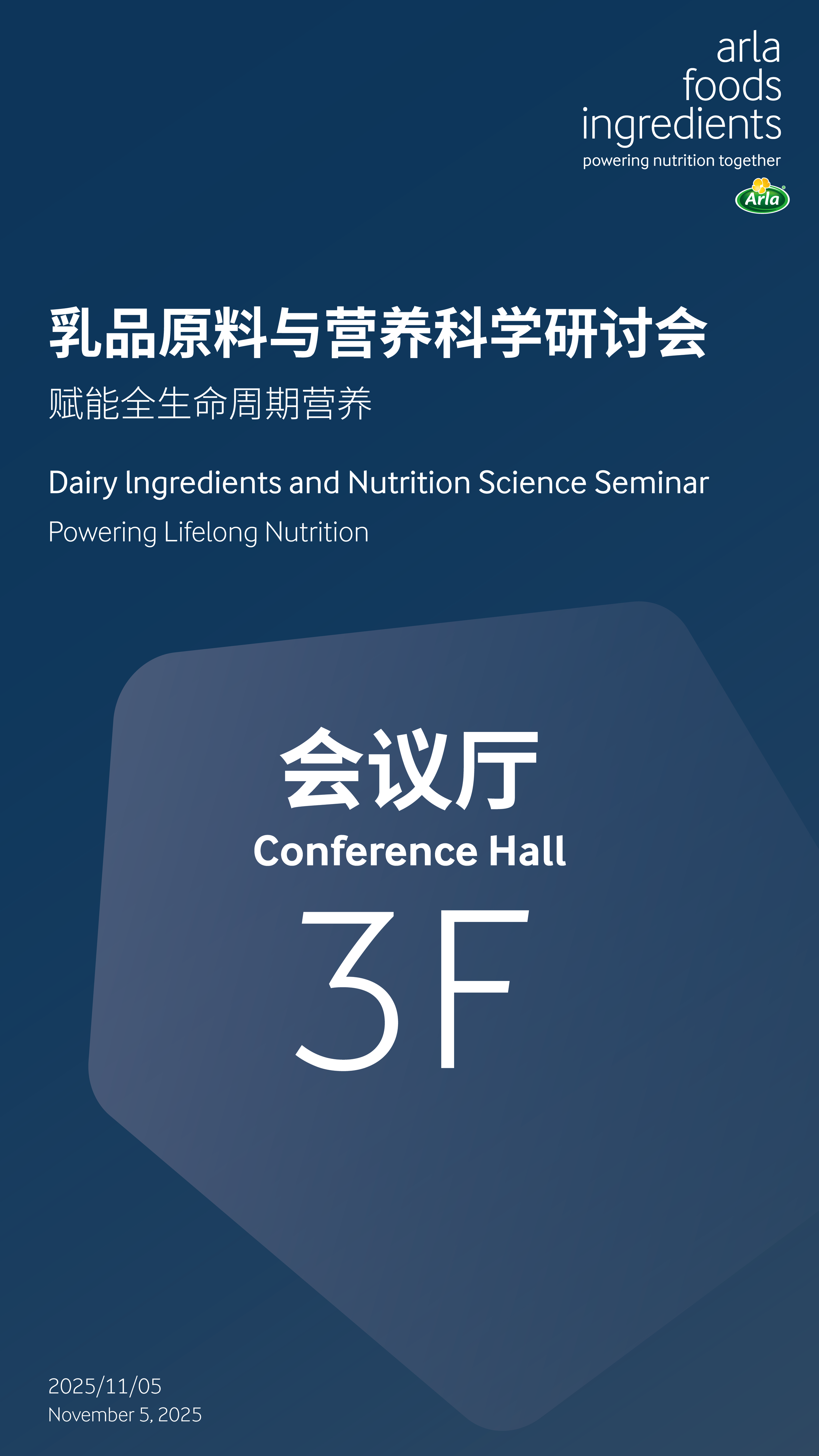 Sign for a conference hall on the 3rd floor at a dairy ingredients and nutrition science seminar, dated November 5, 2025.