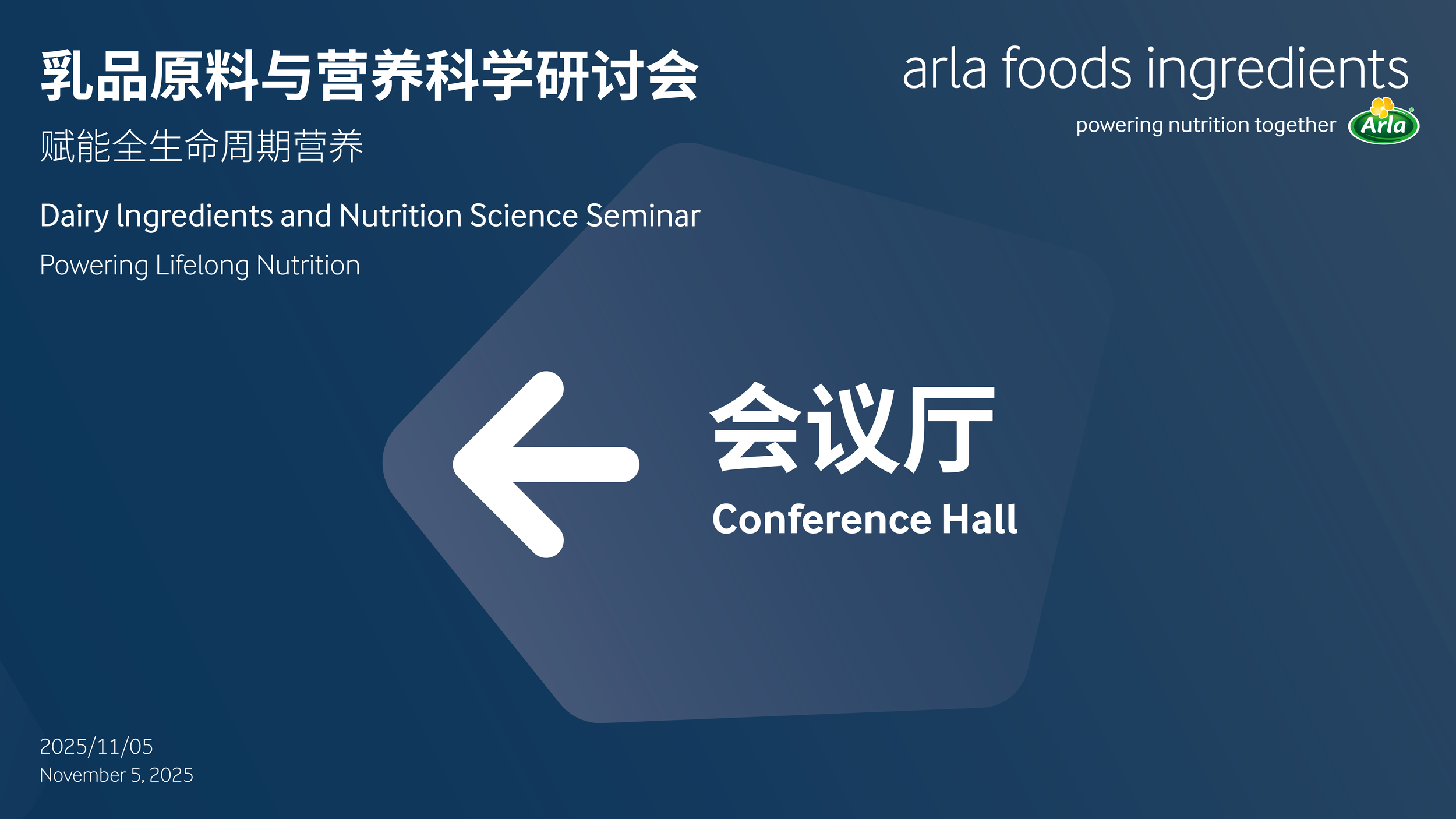 Signboard indicating the direction to the Conference Hall at a dairy ingredients and nutrition science seminar organized by Arla Foods, held on November 5, 2025.