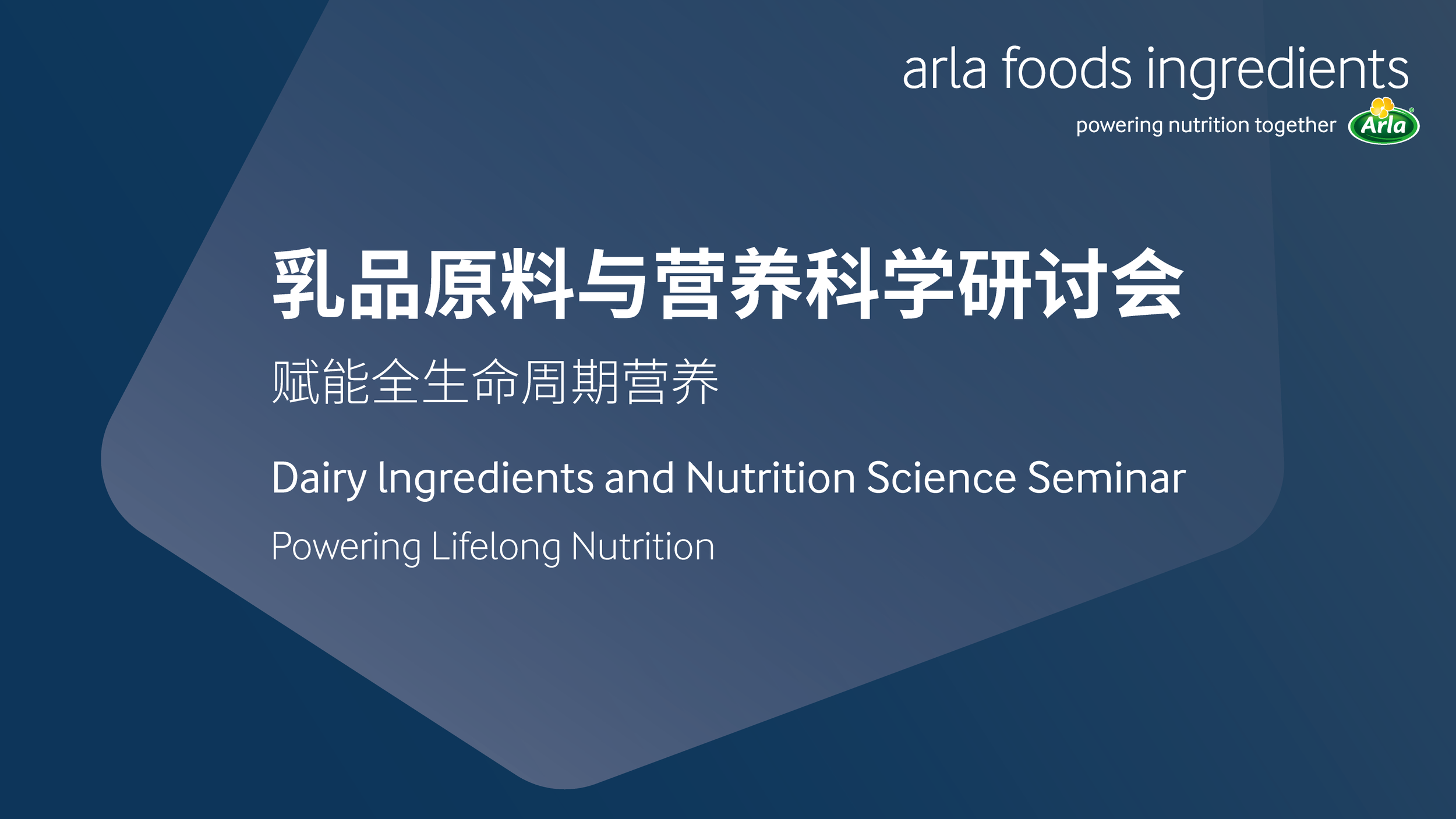 Title slide of a presentation for a seminar on dairy ingredients and nutrition science, with the Arla Foods logo and the tagline 'powering nutrition together' in the top right corner.