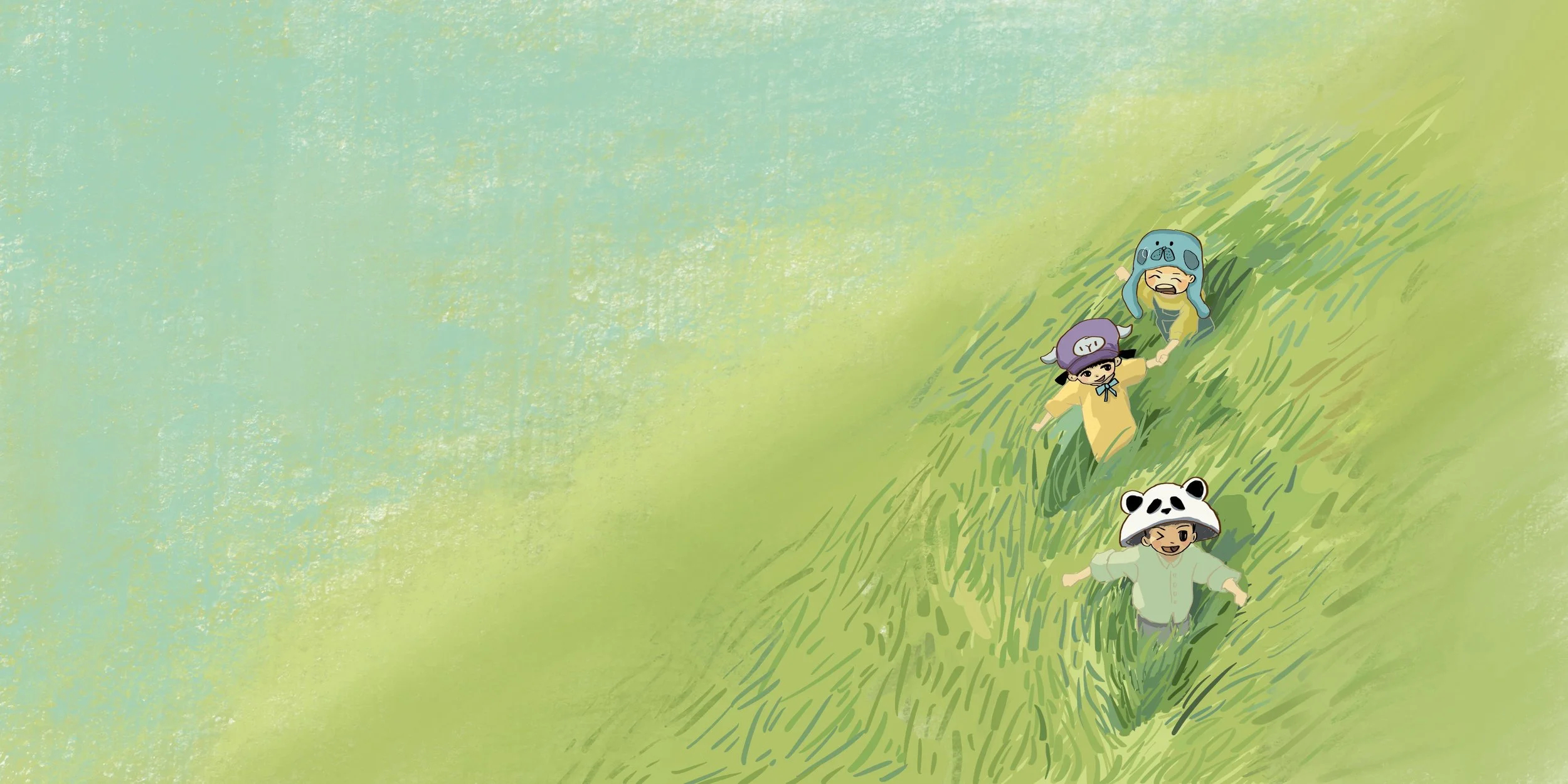Four children wearing animal and character hats running down a grassy hill.
