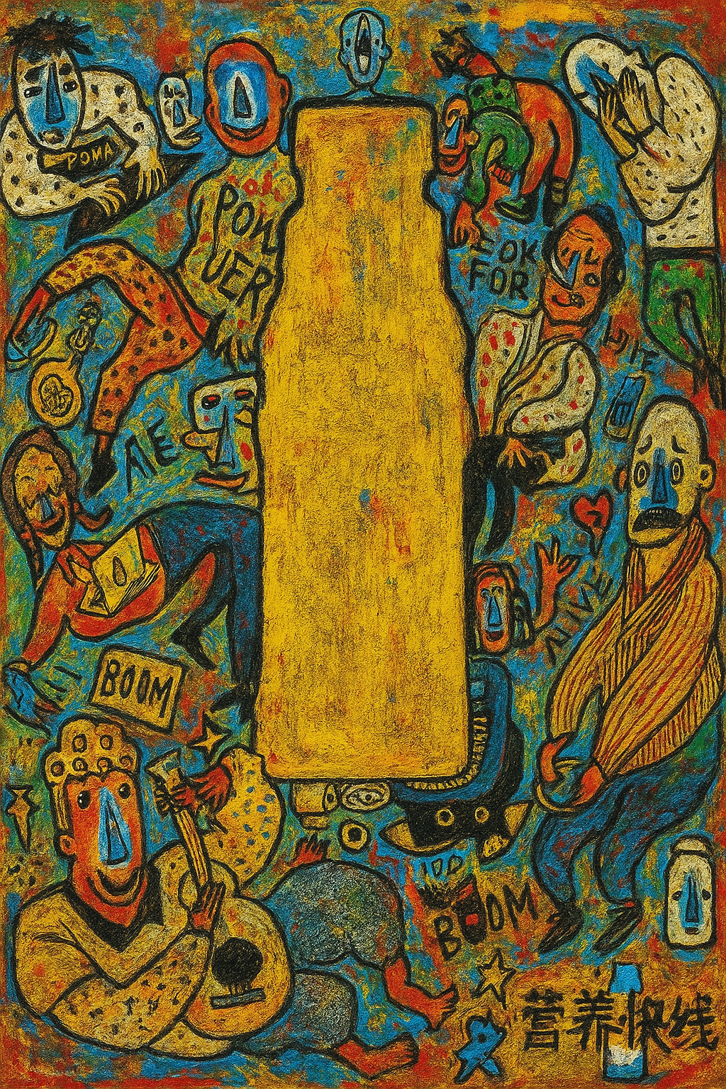 Colorful abstract painting depicting various cartoonish characters around a large yellow rectangle, including a person playing a guitar, a person reading a book, and numerous expressive faces, with words like 'POW,' 'BOOM,' and 'OK FOR' scattered throughout.