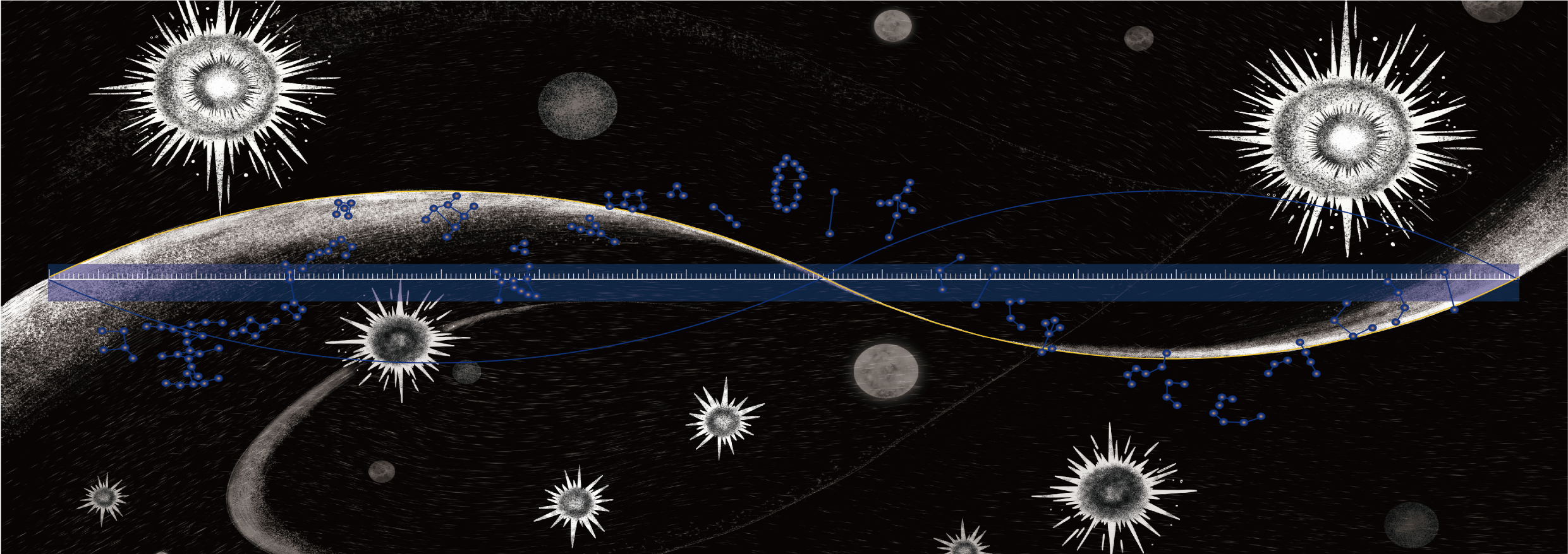 A digital illustration depicts a cosmic scene with stars and planets in black, white, and gray shades. There is a measuring scale overlay with plotted data points and curves, suggesting a scientific context related to space or astronomy.