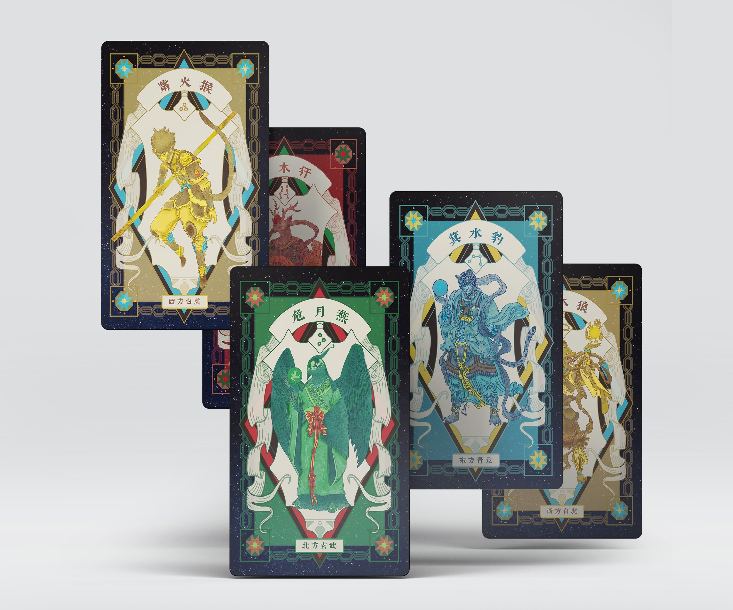 A set of five illustrated tarot cards featuring Asian-inspired mythical characters with detailed designs and vibrant colors.