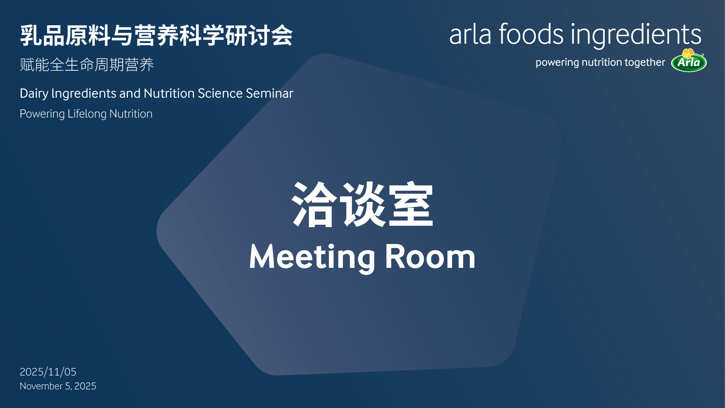 Sign for a meeting room with Chinese, English, and date information. The sign is blue with white text, indicating it is for a 'Meeting Room' at a seminar on dairy ingredients and nutrition science, held on November 5, 2025, sponsored by Arla Foods.