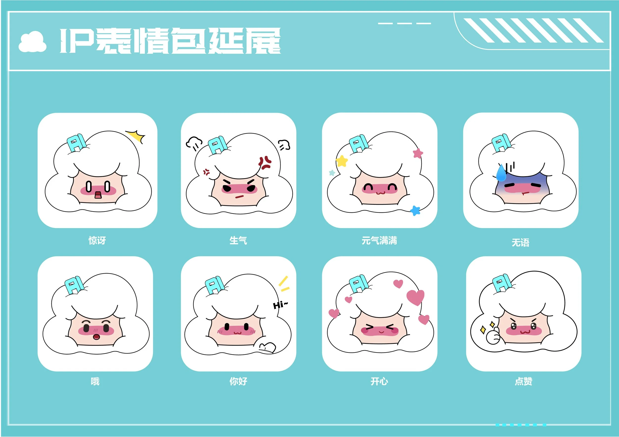 A chart with eight cartoon cloud characters showing different emotions, each with Chinese labels and some with additional symbols like stars, hearts, and speech bubbles.