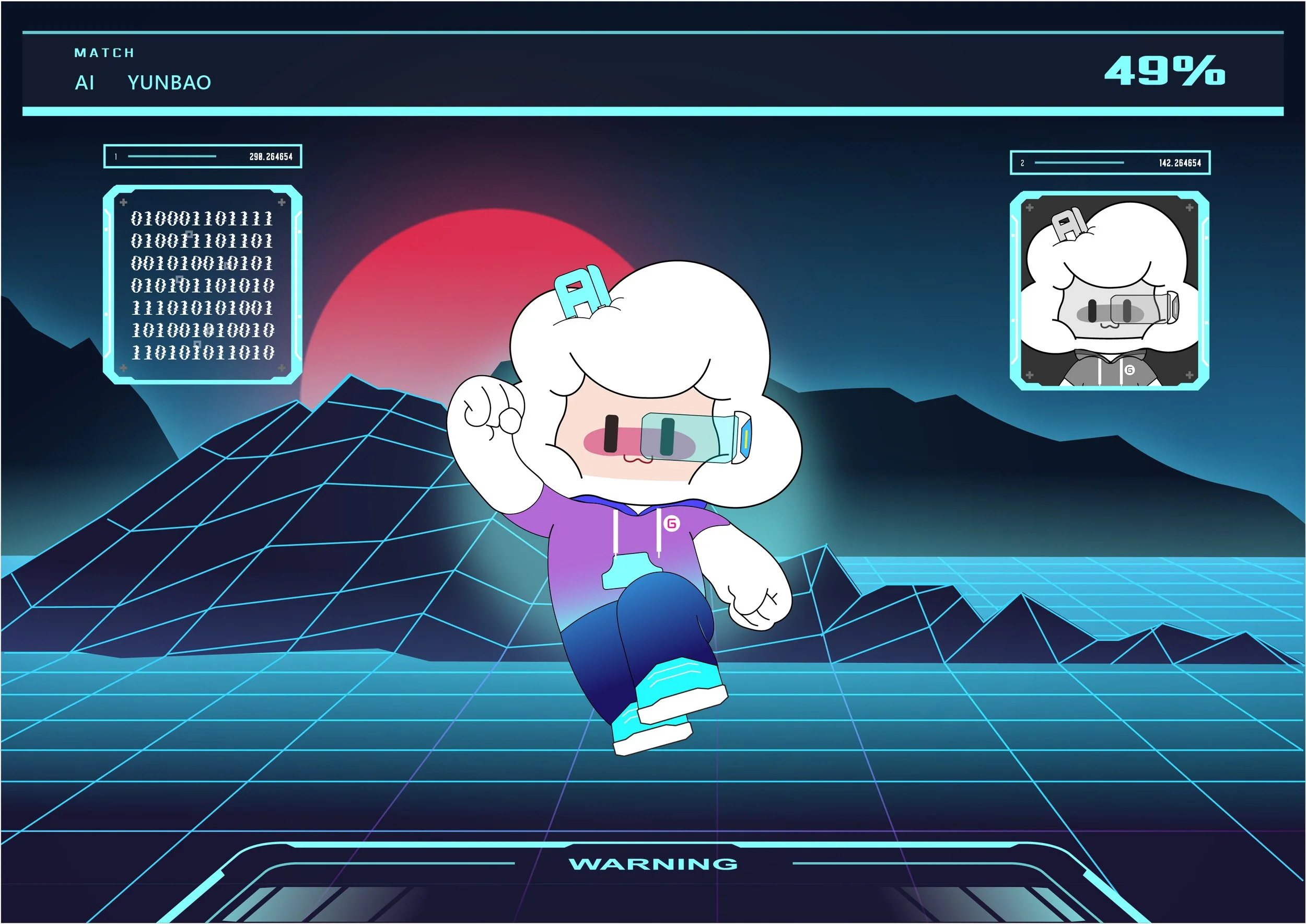 A cartoon character with white hair, wearing a purple hoodie and glasses, running on a digital grid landscape with a sunset and mountains in the background. Digital data and code elements are displayed around the character.