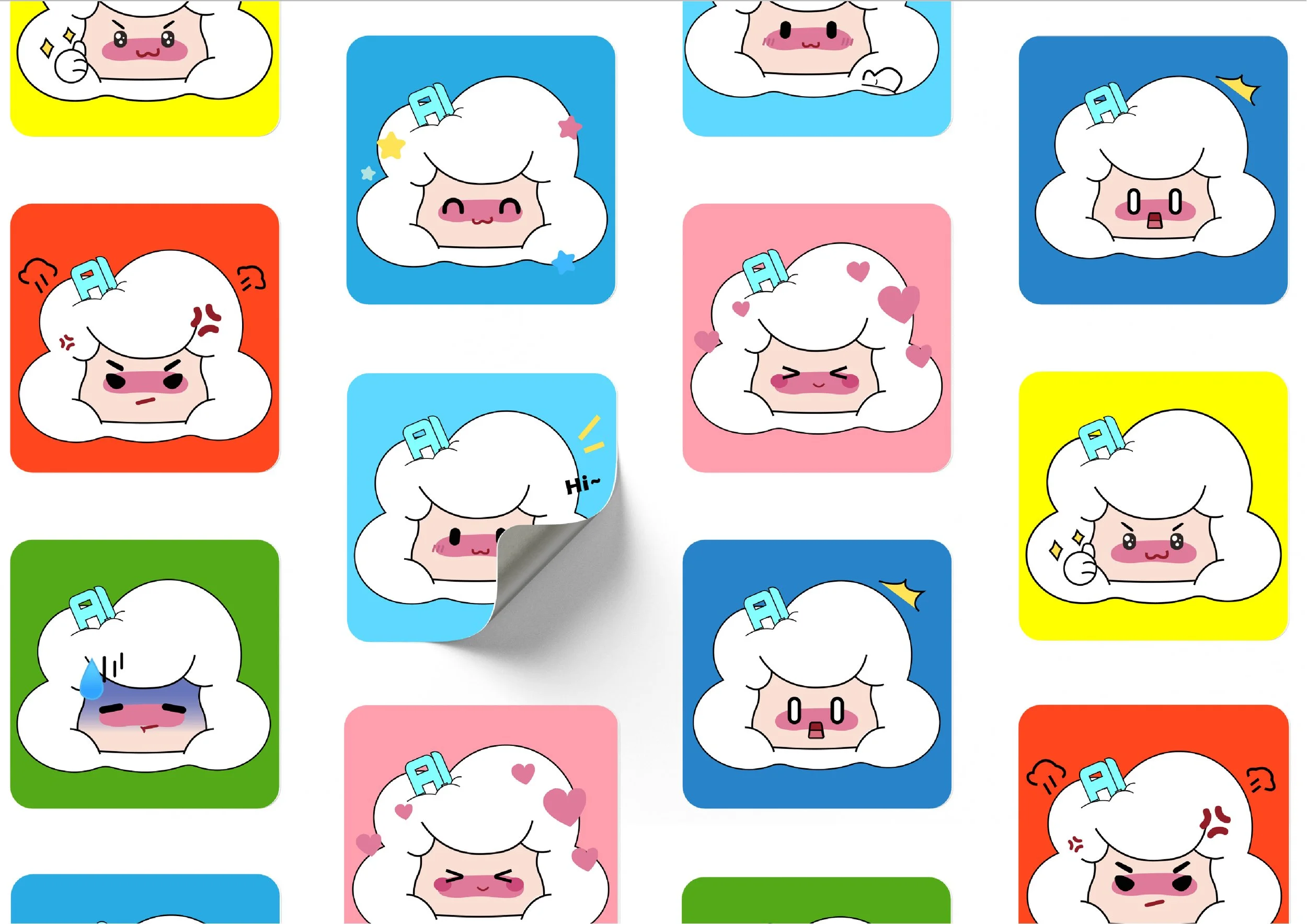 A sheet of colorful stickers featuring cartoon sheep with different facial expressions and accessories, including happy, angry, sad, surprised, and blushing, on square backgrounds in various colors.